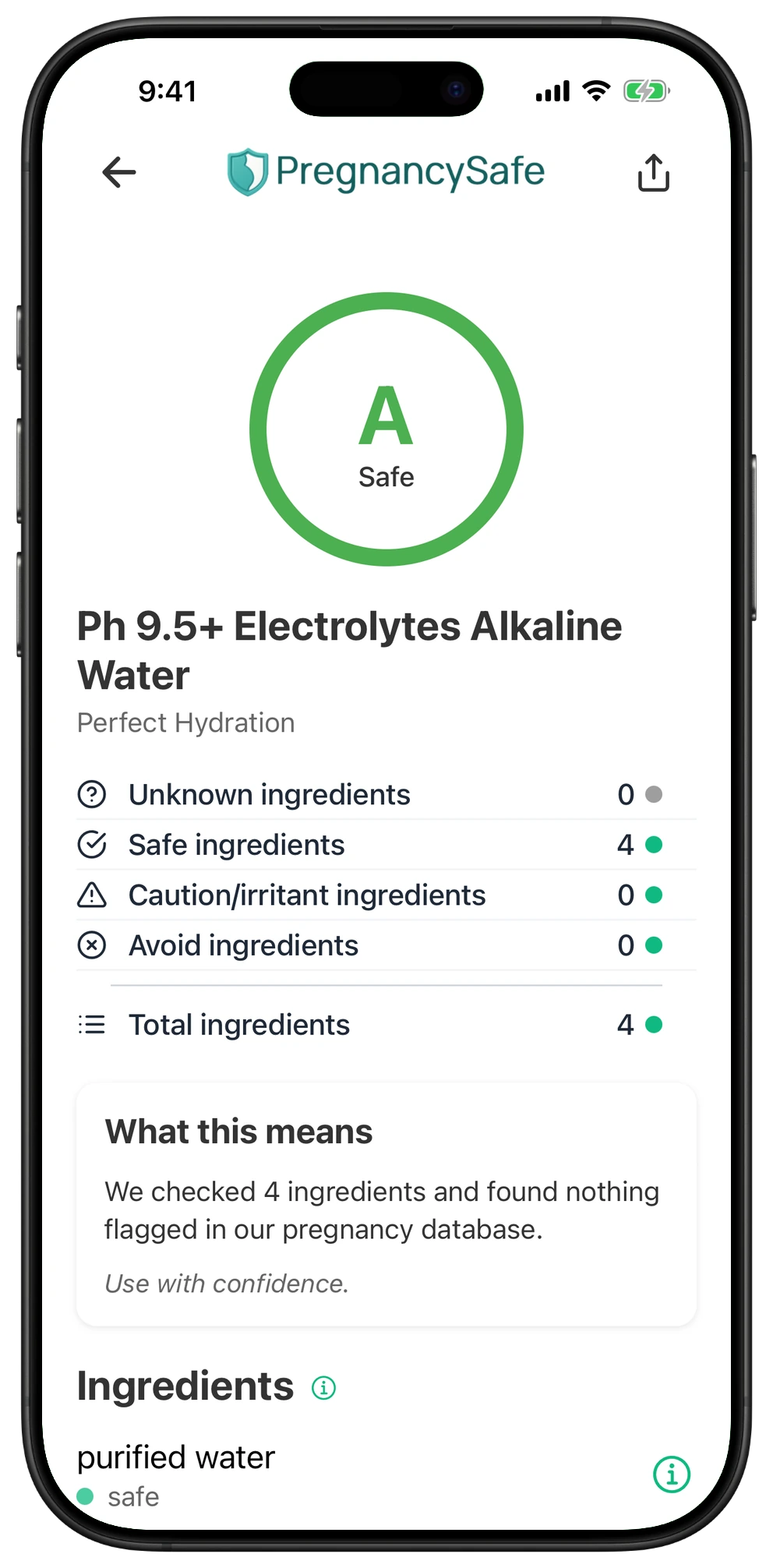 Pregnancy Safe app result for Ph 9.5+ Electrolytes Alkaline Water