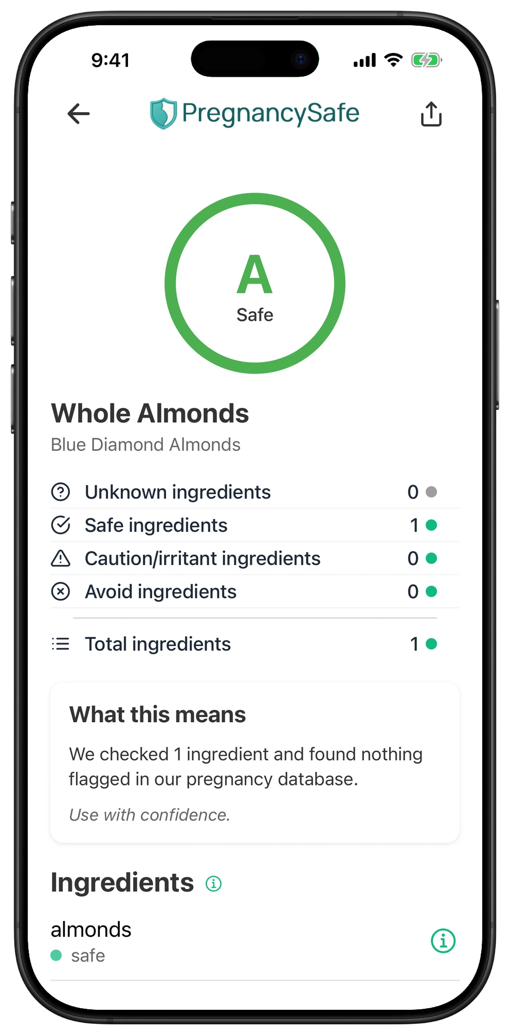 Pregnancy Safe app result for Whole Almonds