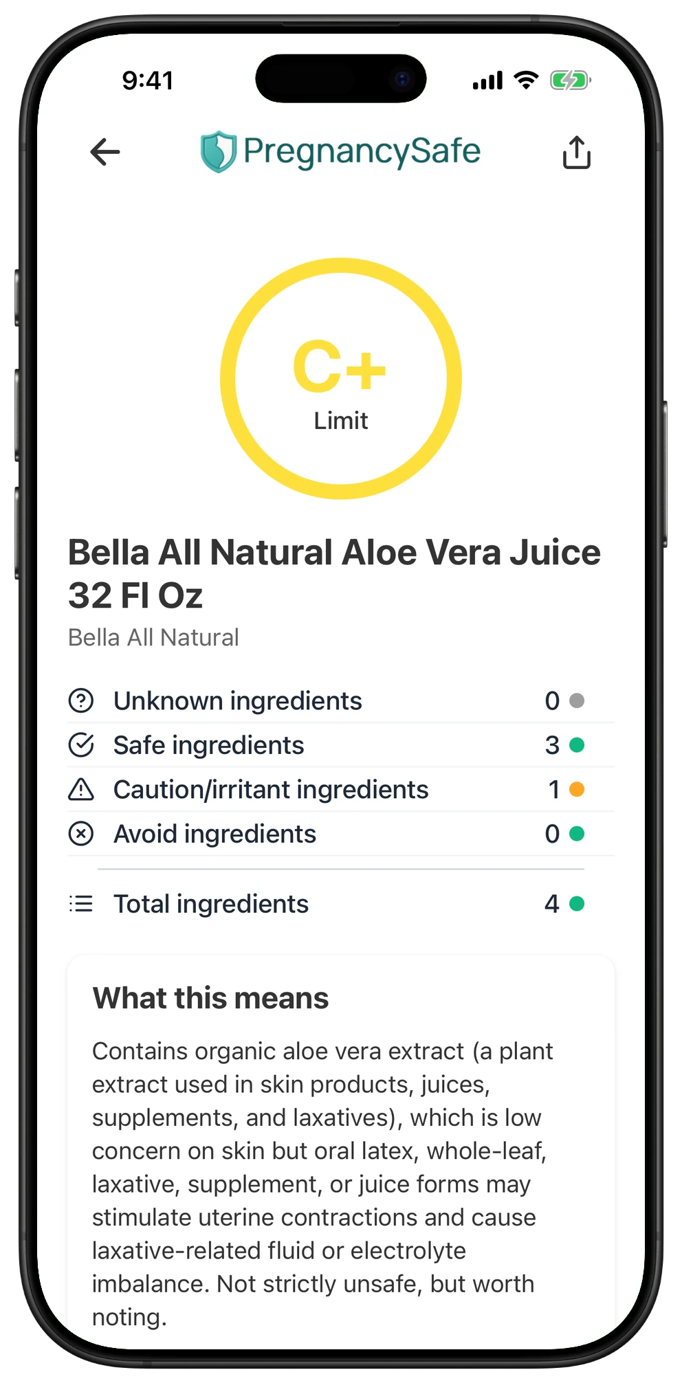 Pregnancy Safe app result for Bella All Natural Aloe Vera Juice 32 Fl Oz