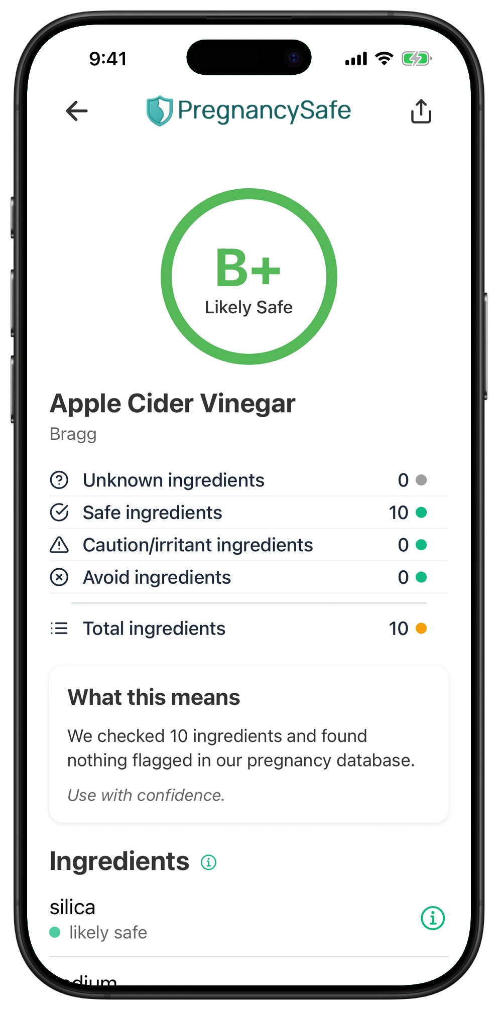 Pregnancy Safe app result for Apple Cider Vinegar