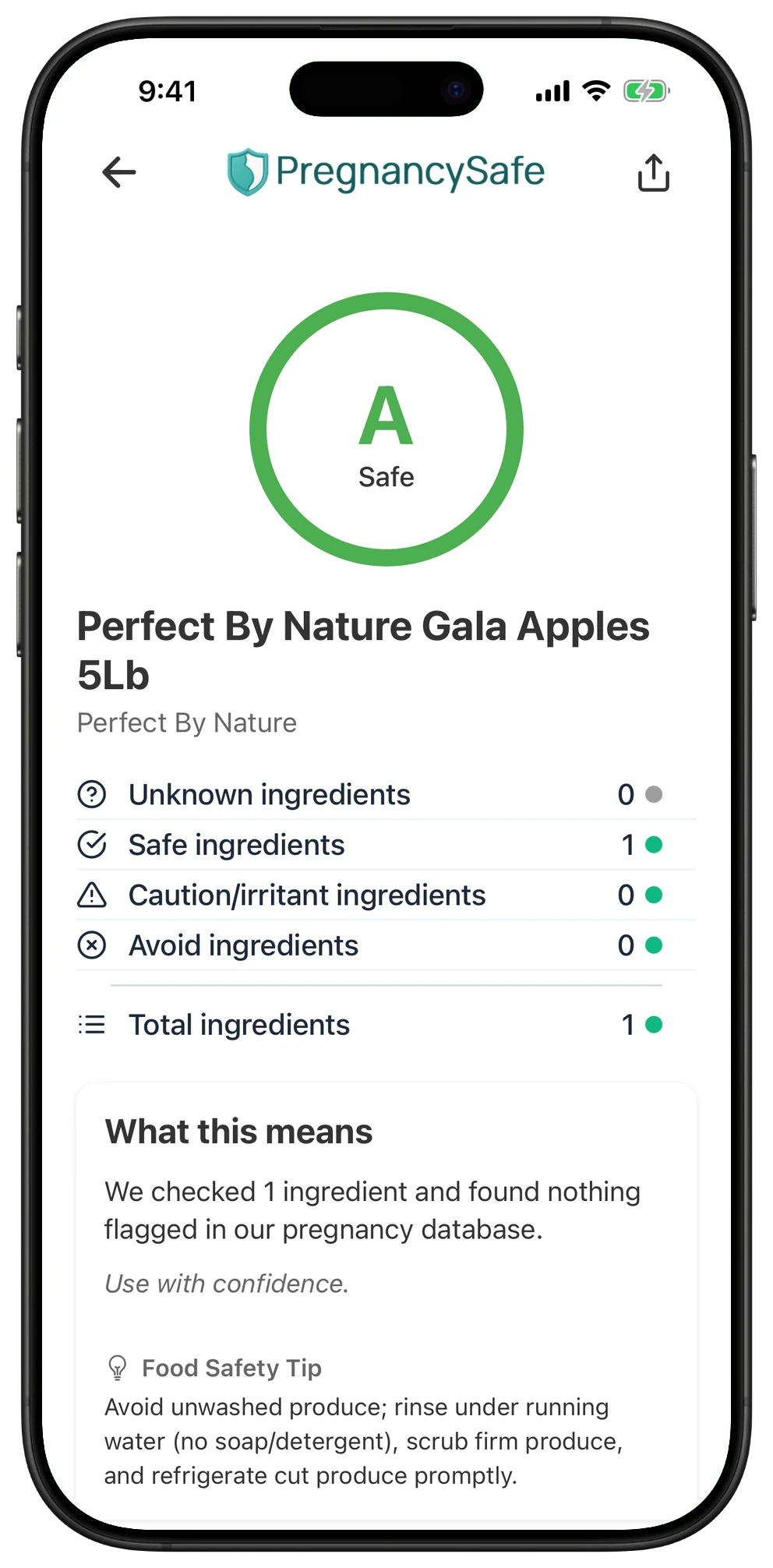 Pregnancy Safe app result for Perfect By Nature Gala Apples 5Lb