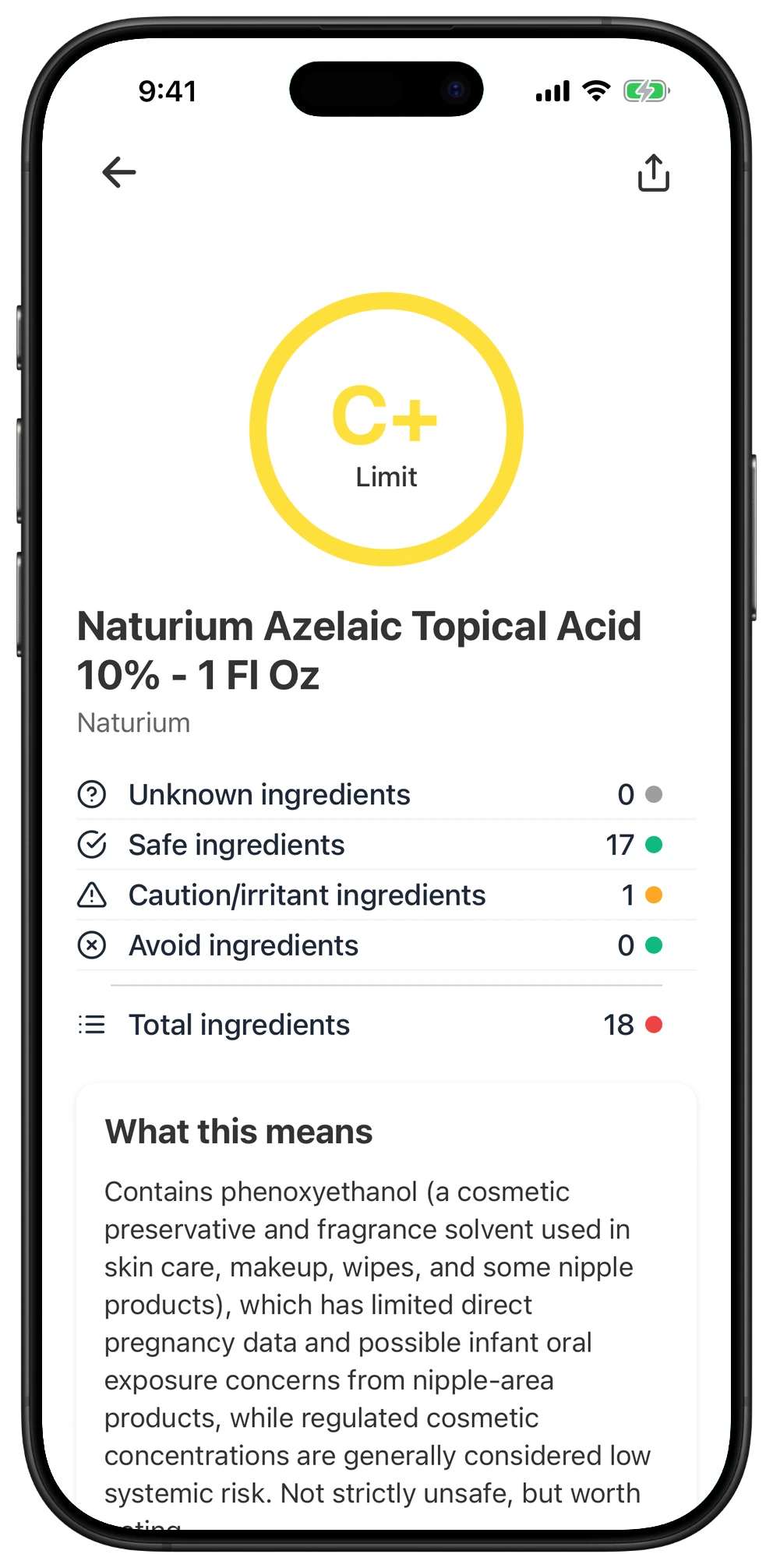 Pregnancy Safe app result for Naturium Azelaic Topical Acid 10% - 1 Fl Oz