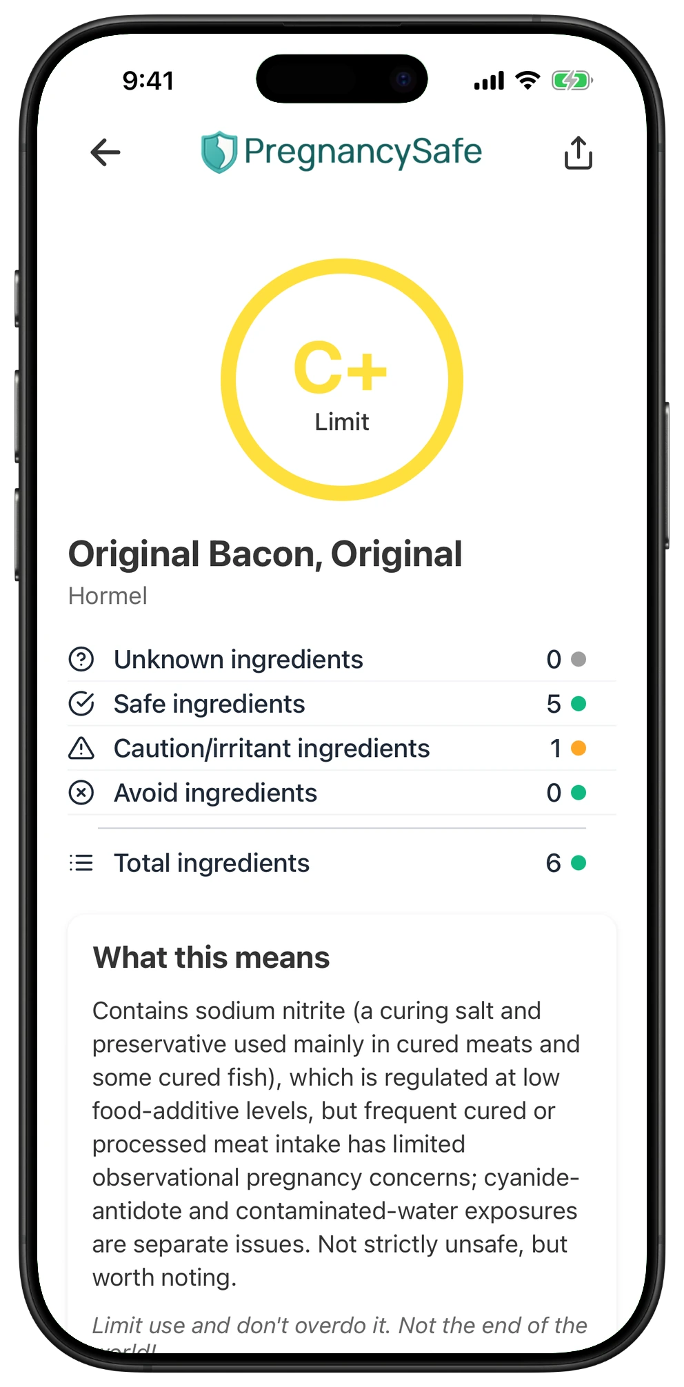 Pregnancy Safe app result for Original Bacon, Original