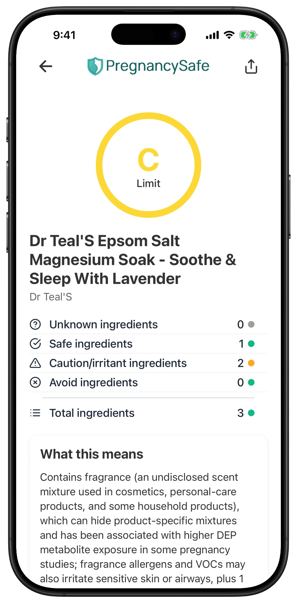 Pregnancy Safe app result for Dr Teal'S Epsom Salt Magnesium Soak - Soothe & Sleep With Lavender