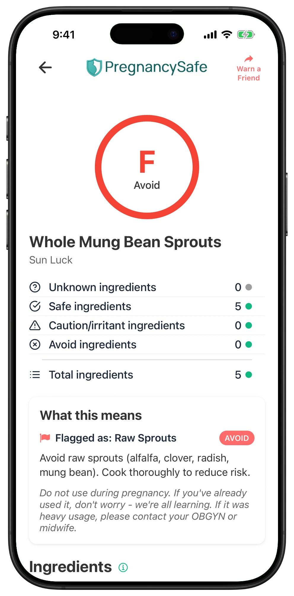 Pregnancy Safe app result for Whole Mung Bean Sprouts