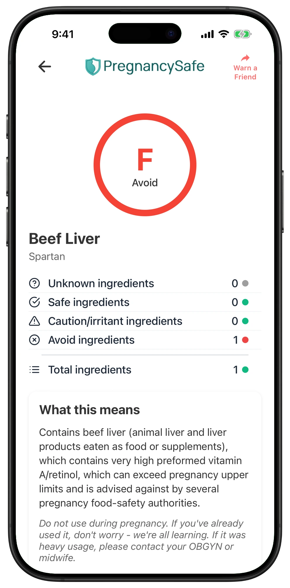 Pregnancy Safe app result for Beef Liver