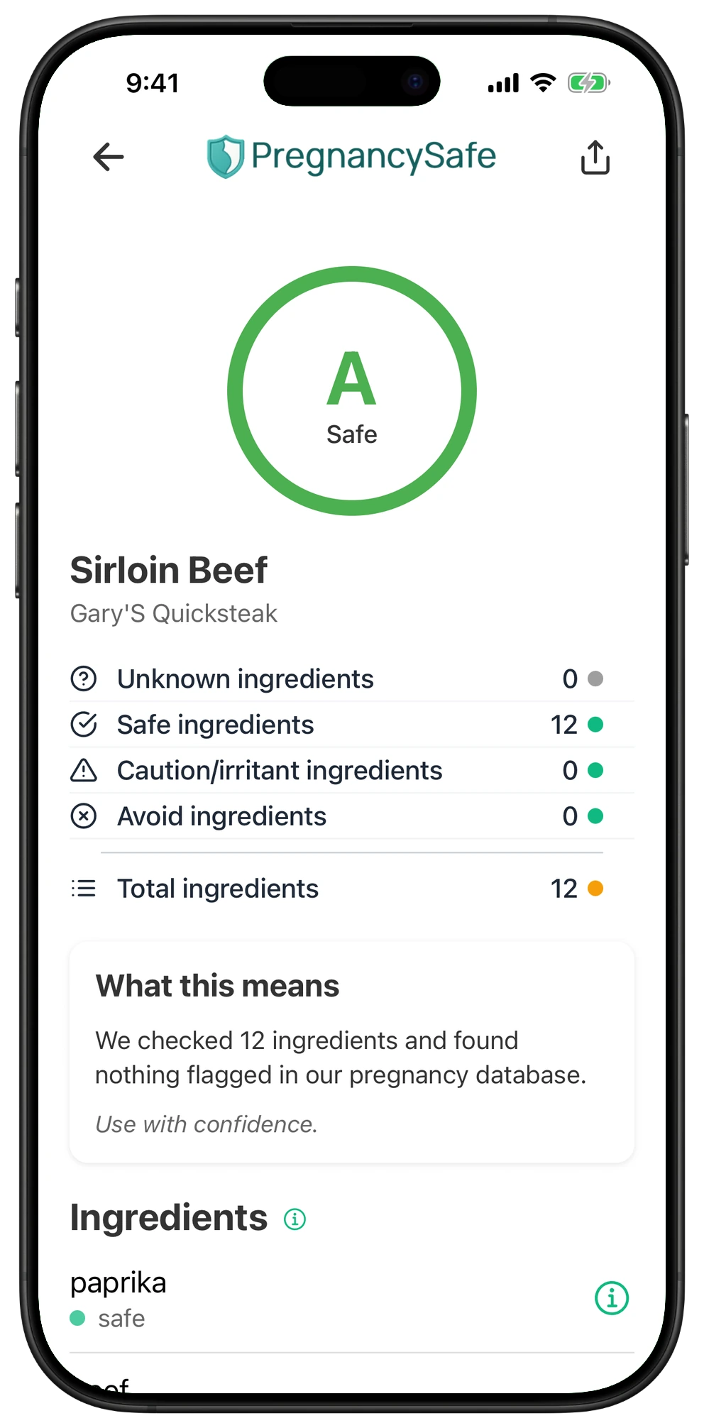 Pregnancy Safe app result for Sirloin Beef