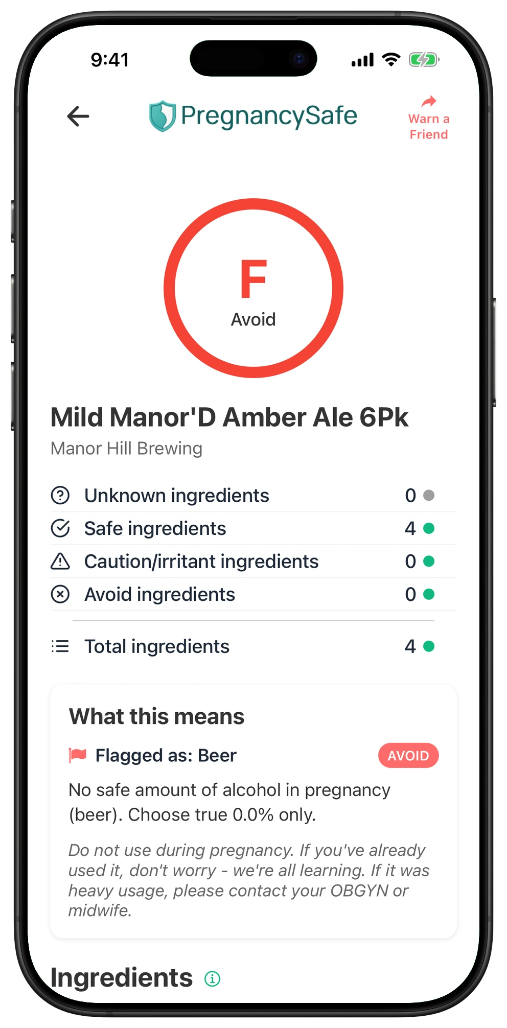Pregnancy Safe app result for Mild Manor'D Amber Ale 6Pk