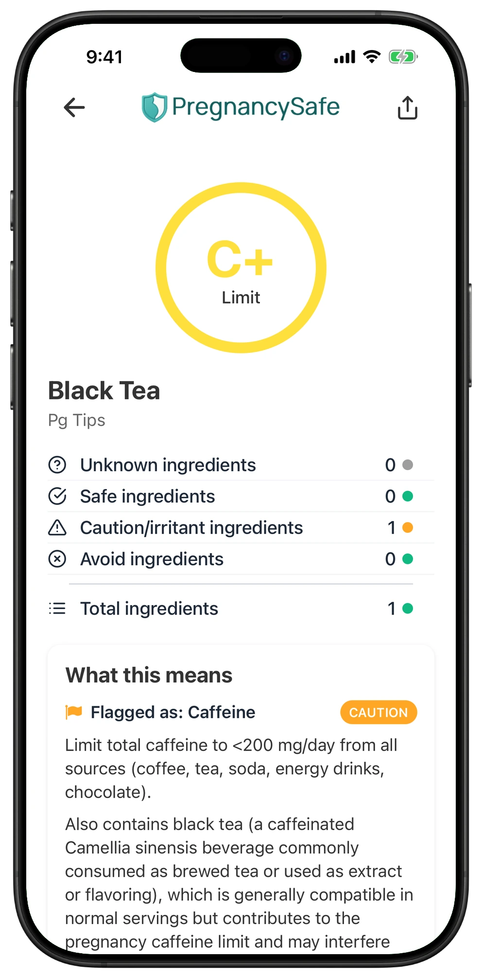 Pregnancy Safe app result for Black Tea