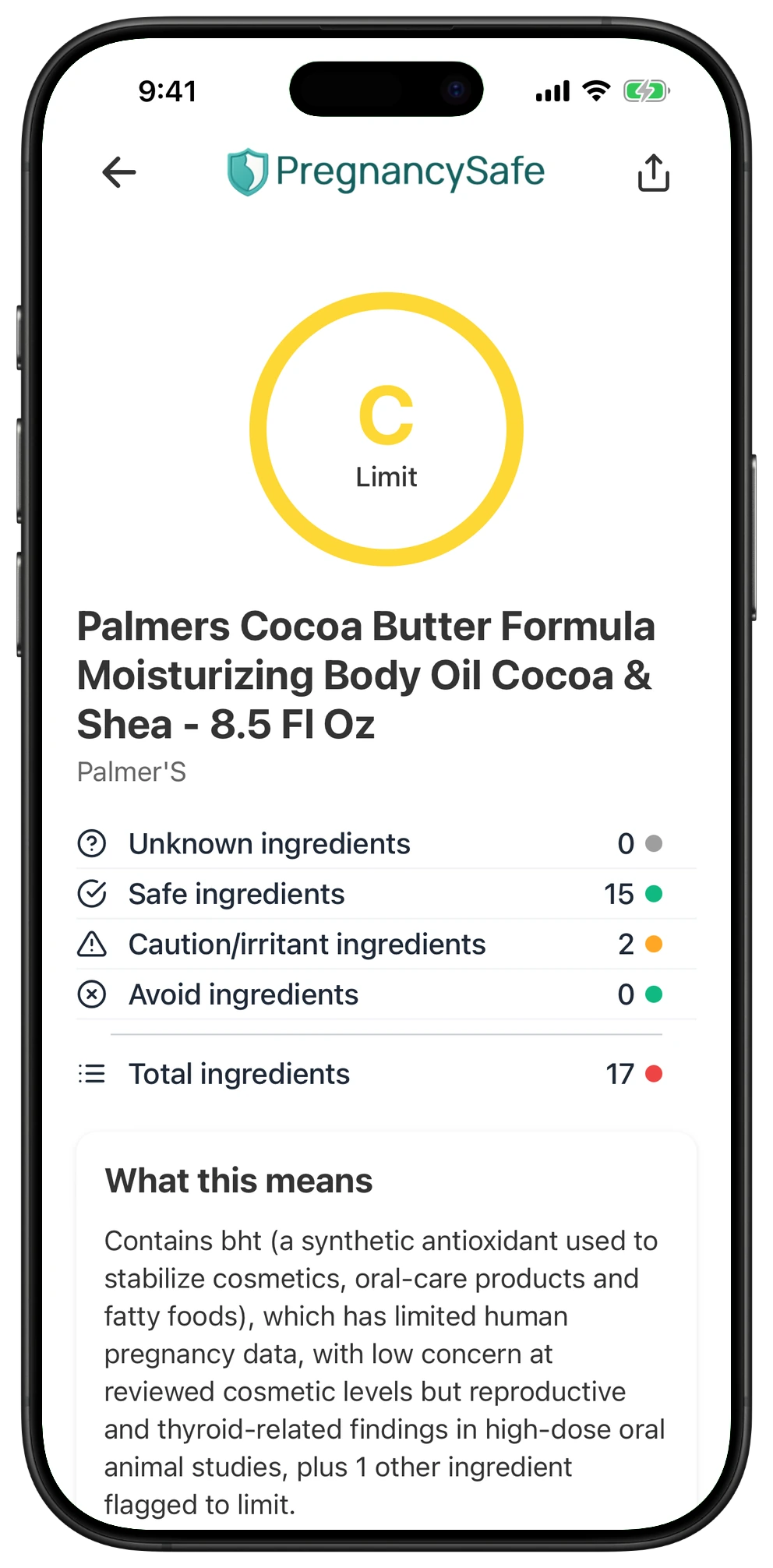 Pregnancy Safe app result for Palmers Cocoa Butter Formula Moisturizing Body Oil Cocoa & Shea - 8.5 Fl Oz