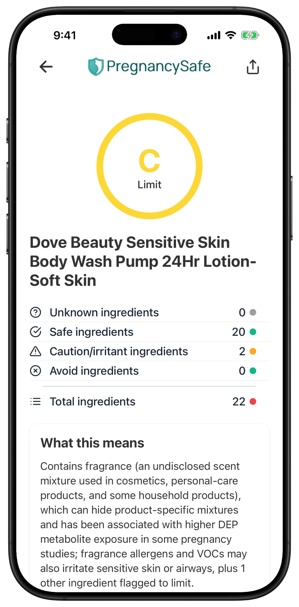 Pregnancy Safe app result for Dove Beauty Sensitive Skin Body Wash Pump 24Hr Lotion-Soft Skin