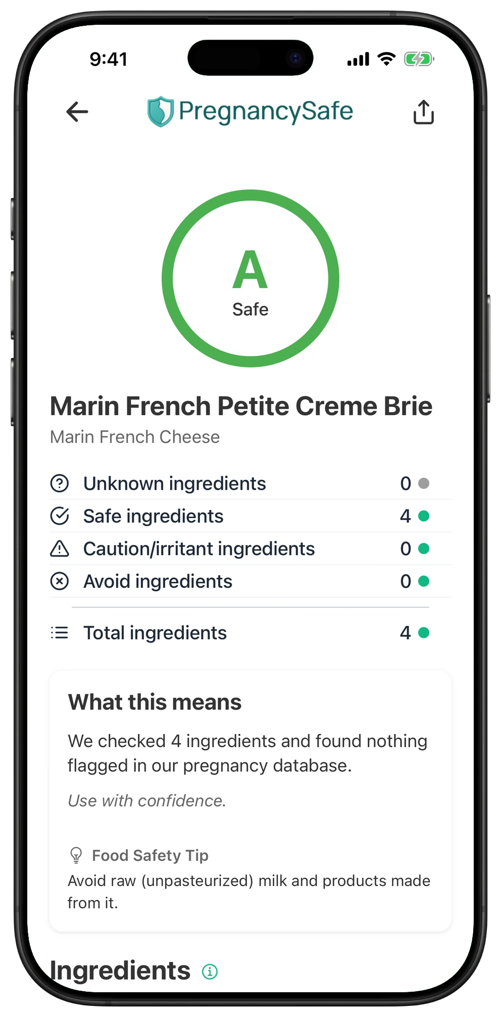 Pregnancy Safe app result for Marin French Petite Creme Brie