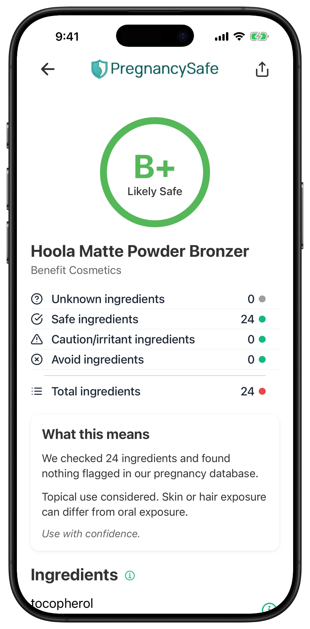 Pregnancy Safe app result for Hoola Matte Powder Bronzer