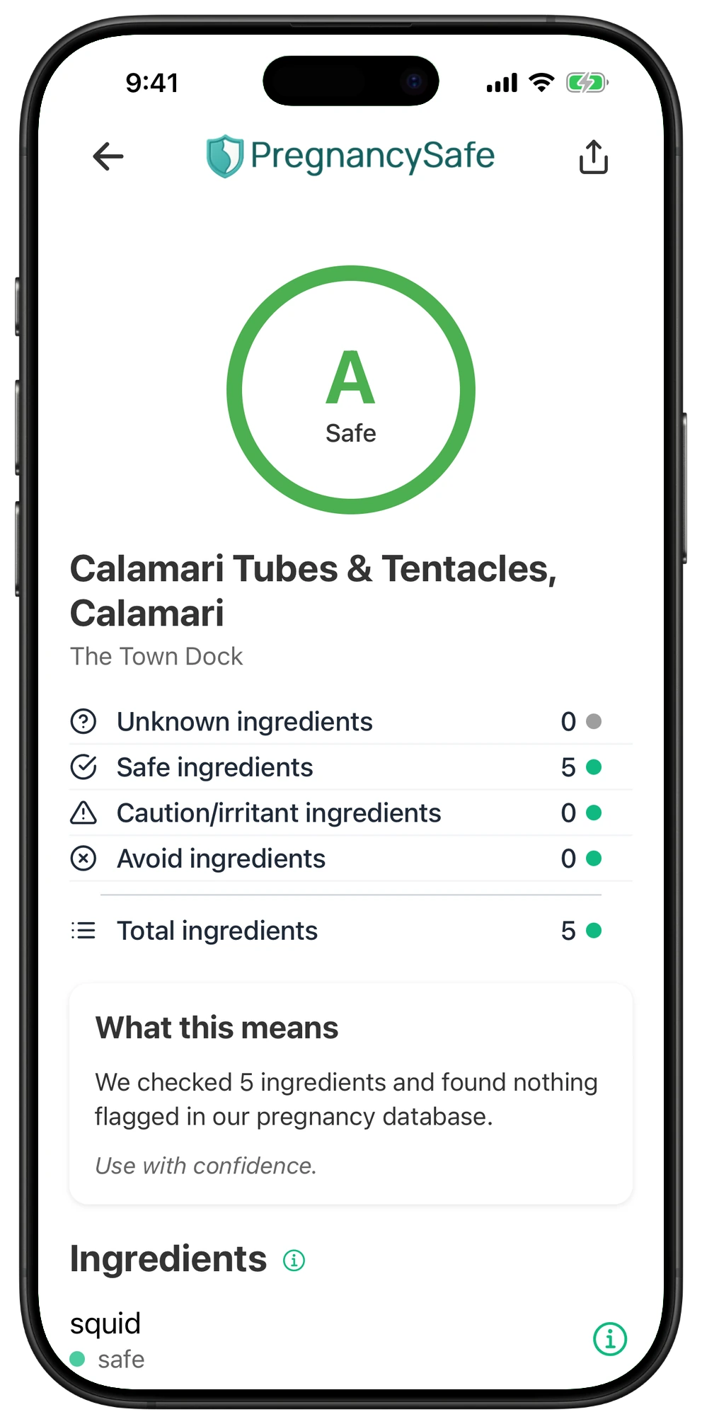 Pregnancy Safe app result for Calamari Tubes & Tentacles, Calamari