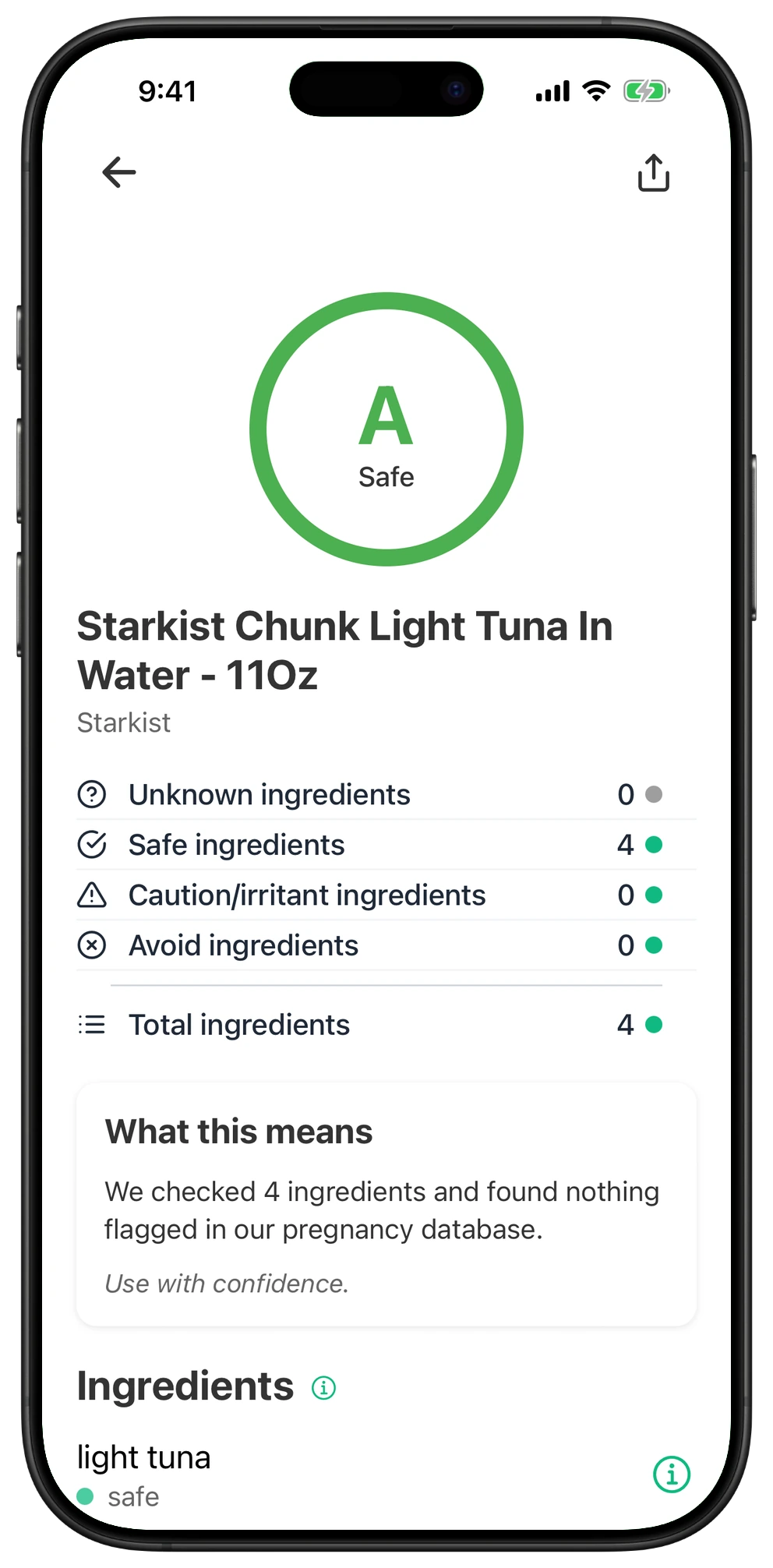 Pregnancy Safe app result for Starkist Chunk Light Tuna In Water - 11Oz