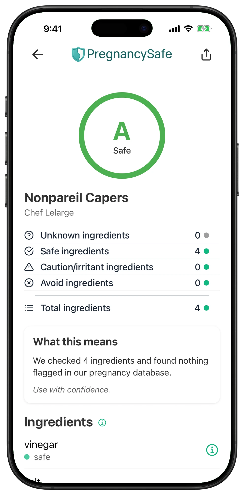 Pregnancy Safe app result for Nonpareil Capers