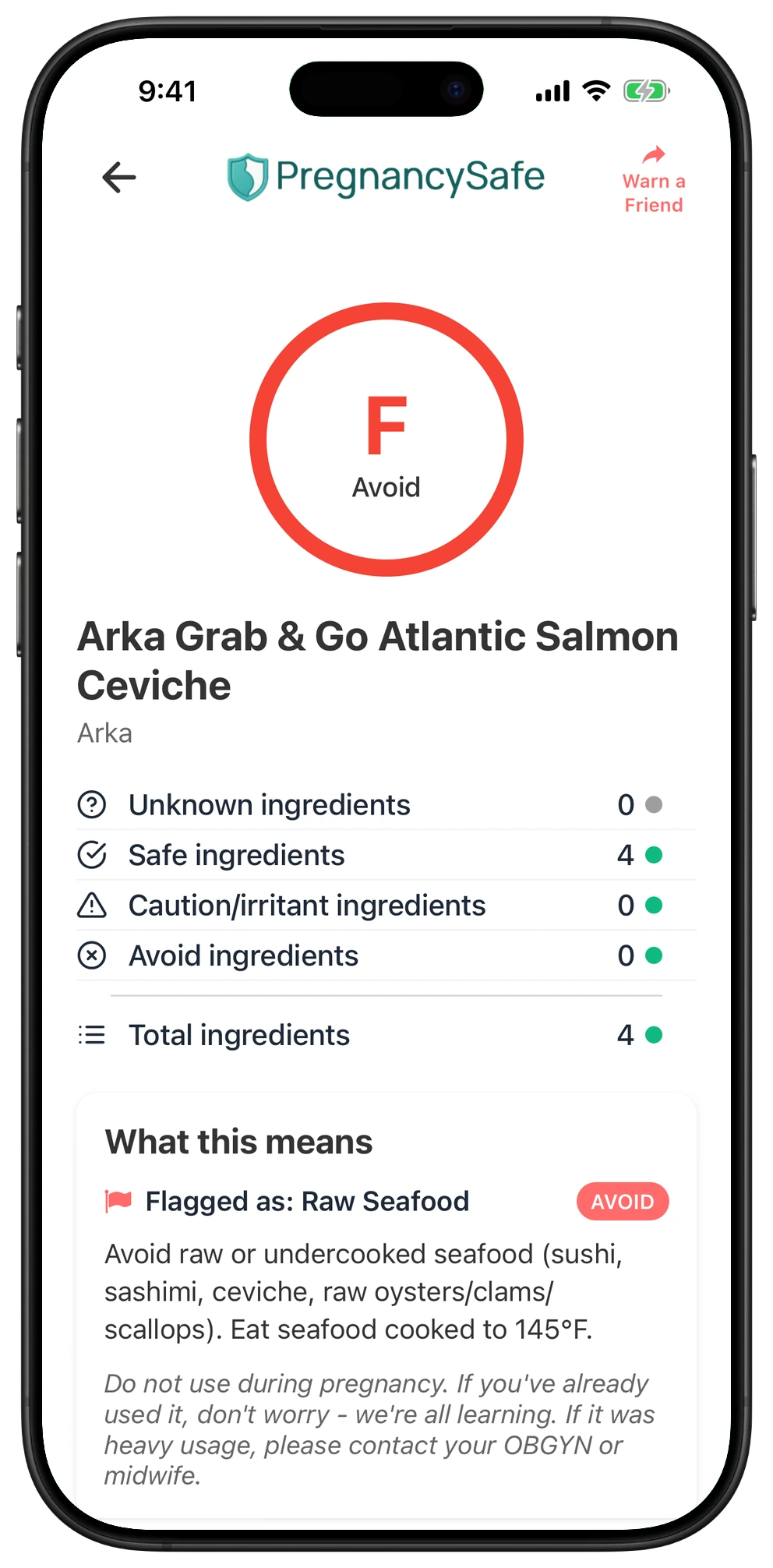 Pregnancy Safe app result for Arka Grab & Go Atlantic Salmon Ceviche