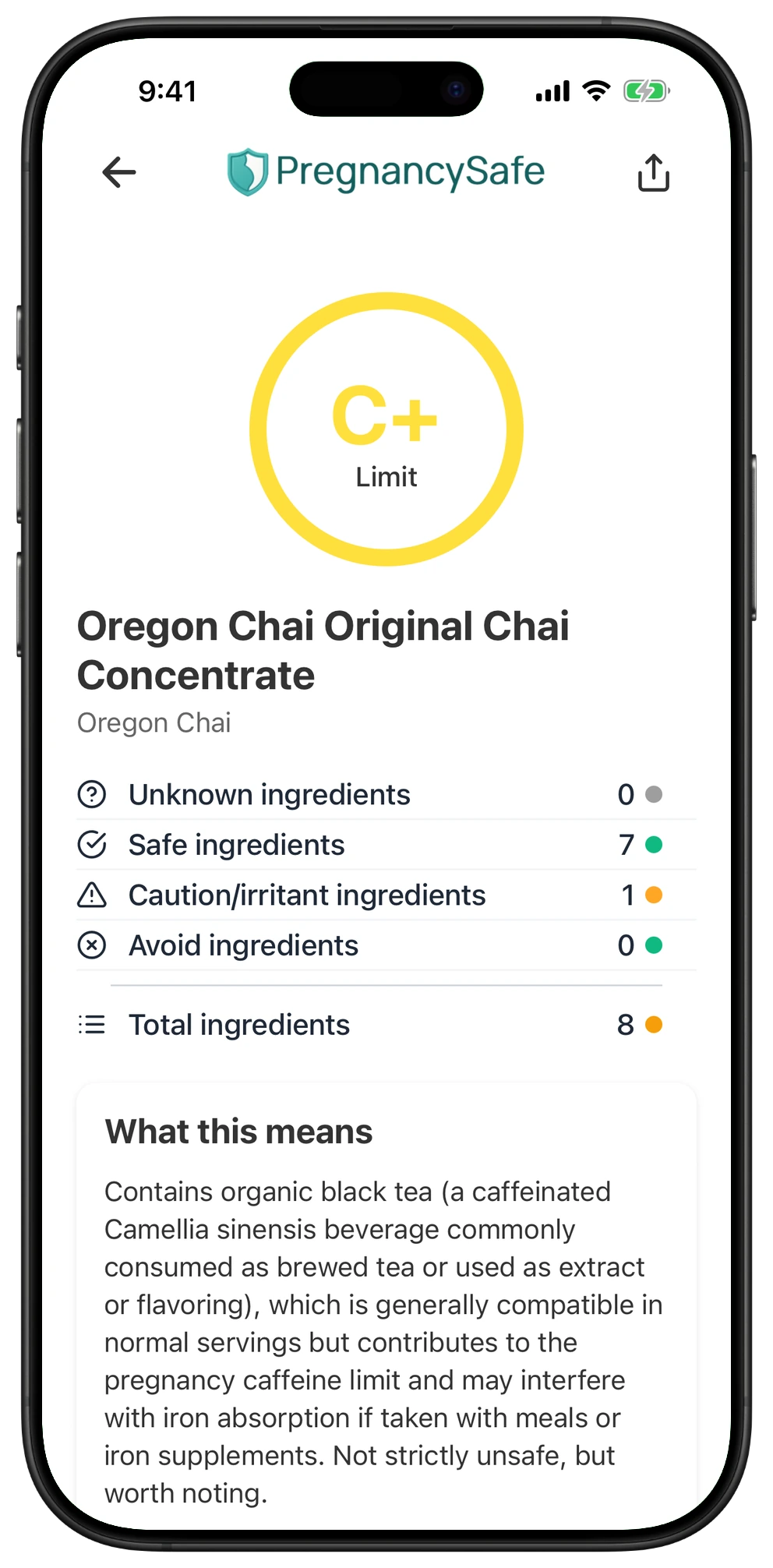 Pregnancy Safe app result for Oregon Chai Original Chai Concentrate