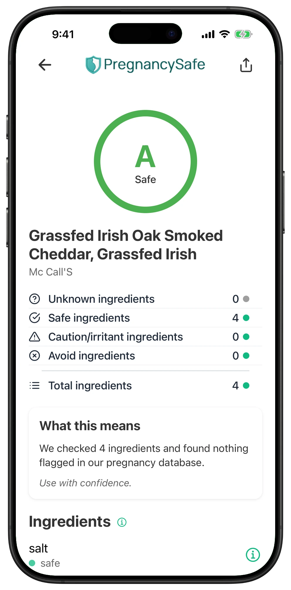 Pregnancy Safe app result for Grassfed Irish Oak Smoked Cheddar, Grassfed Irish