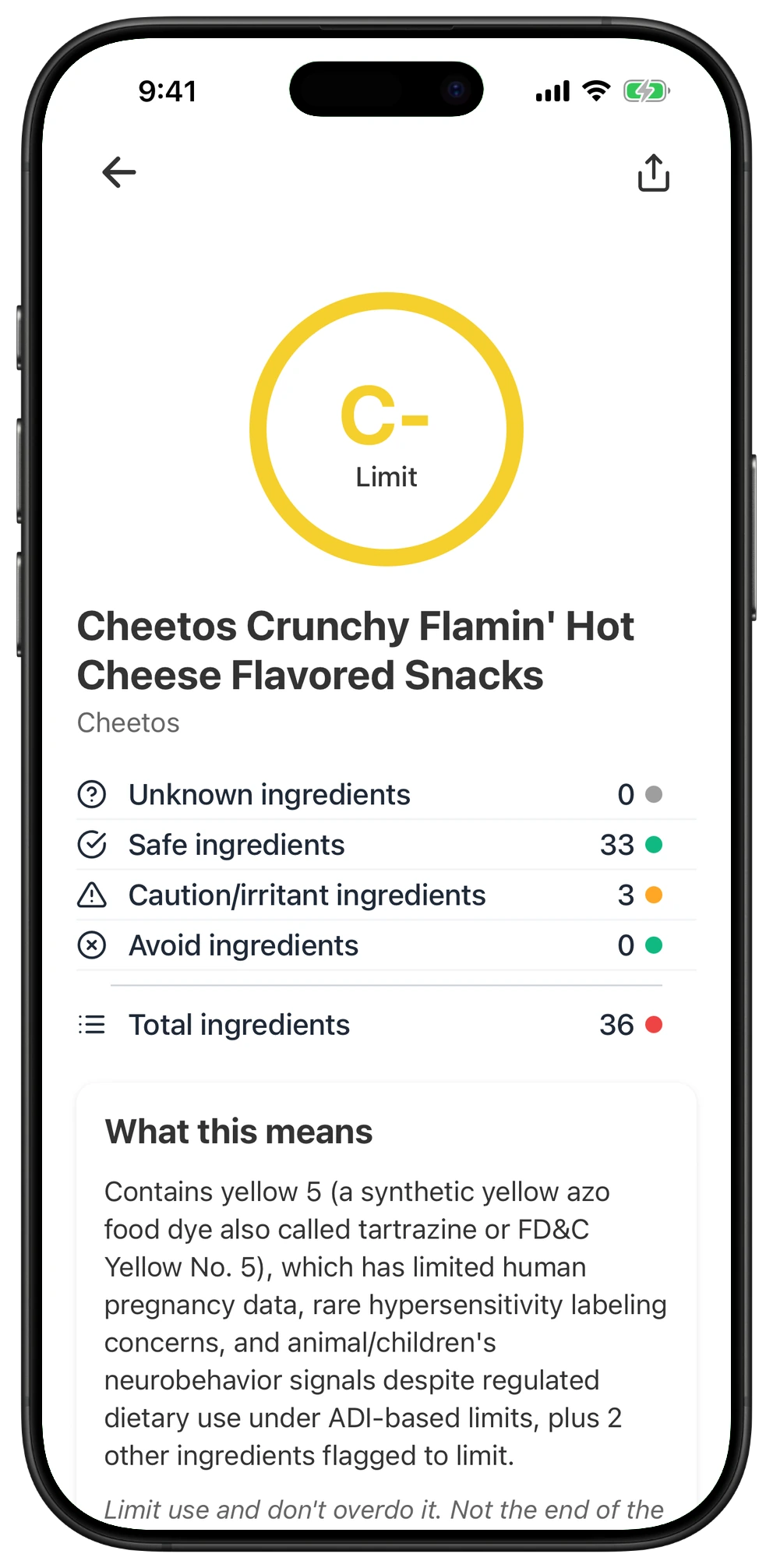 Pregnancy Safe app result for Cheetos Crunchy Flamin' Hot Cheese Flavored Snacks