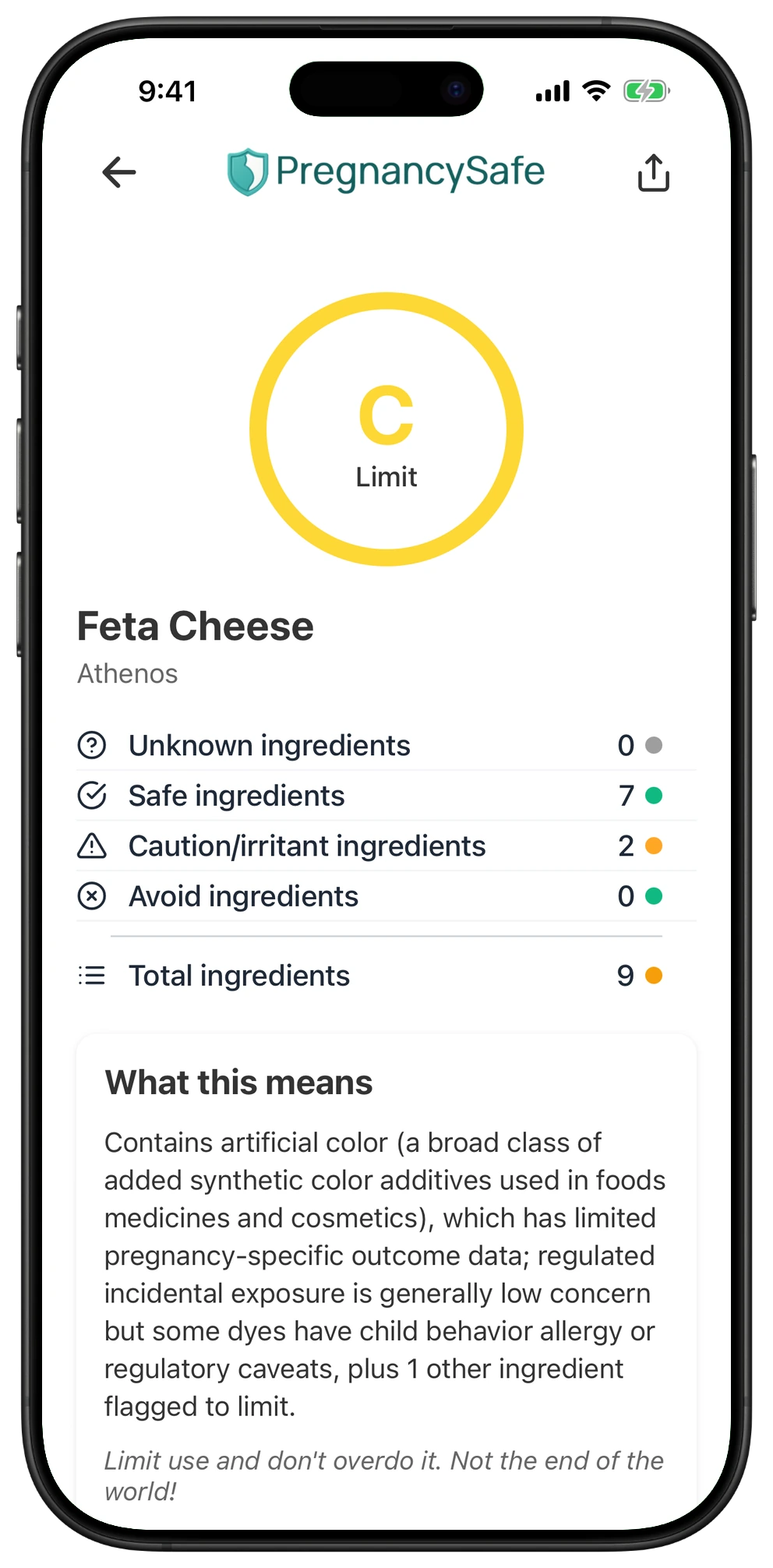 Pregnancy Safe app result for Feta Cheese