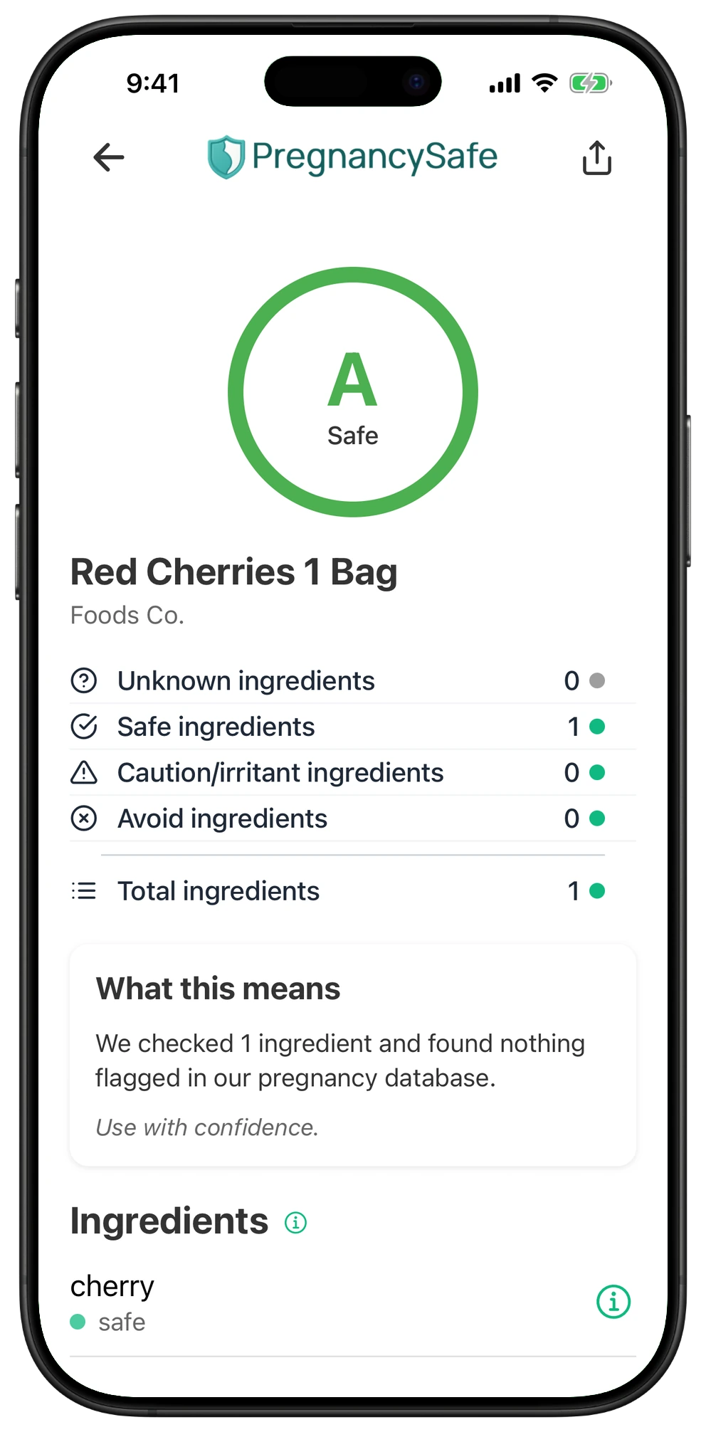 Pregnancy Safe app result for Red Cherries 1 Bag
