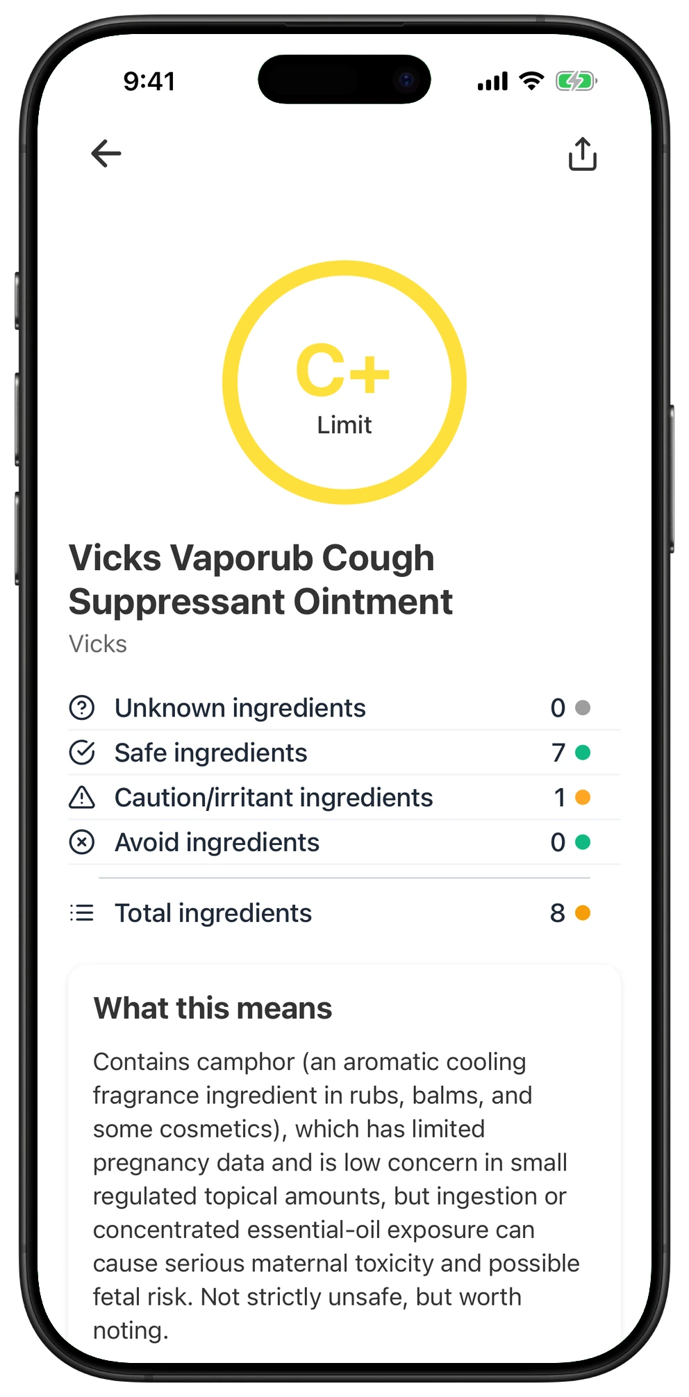 Pregnancy Safe app result for Vicks Vaporub Cough Suppressant Ointment
