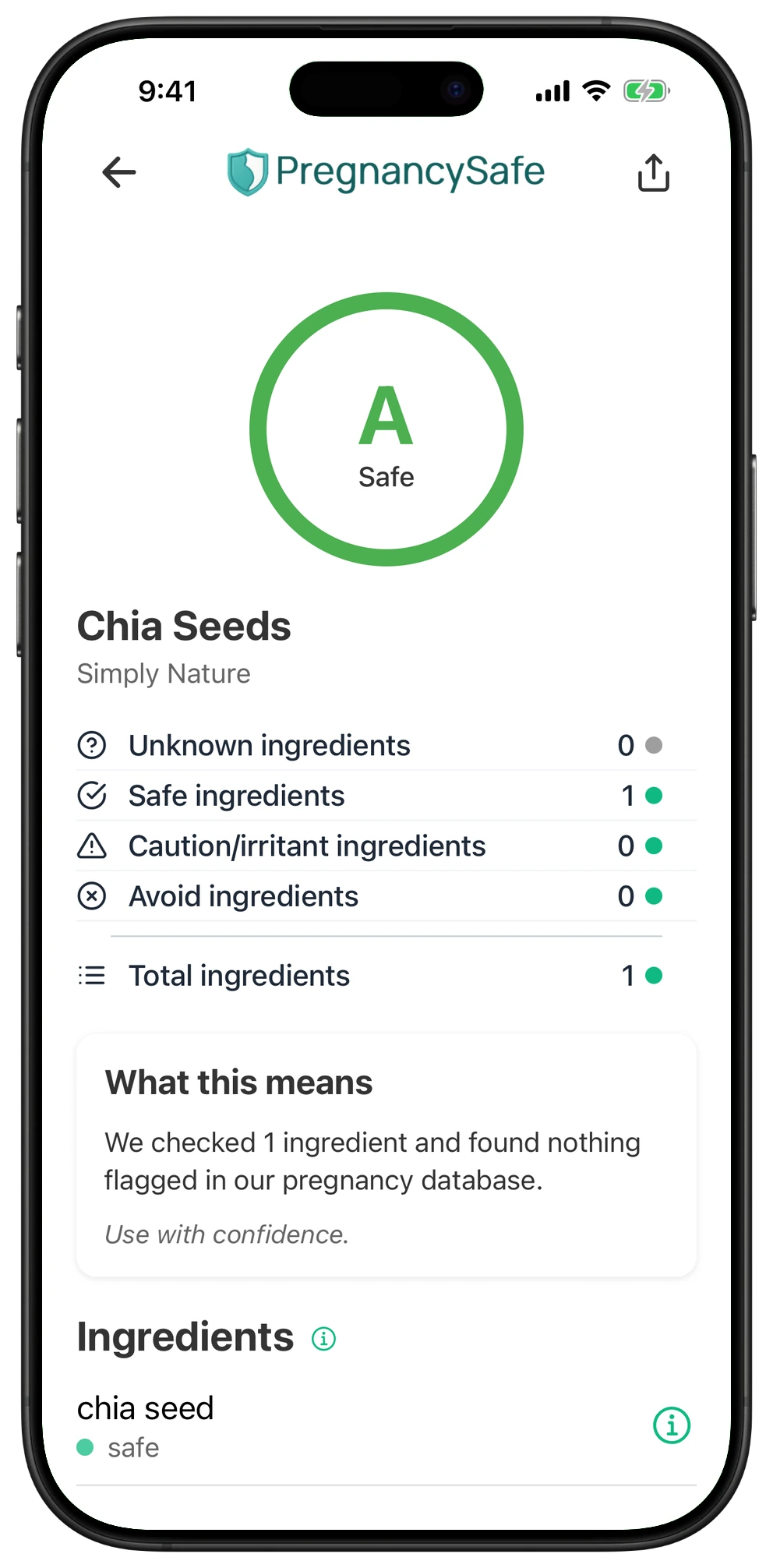 Pregnancy Safe app result for Chia Seeds