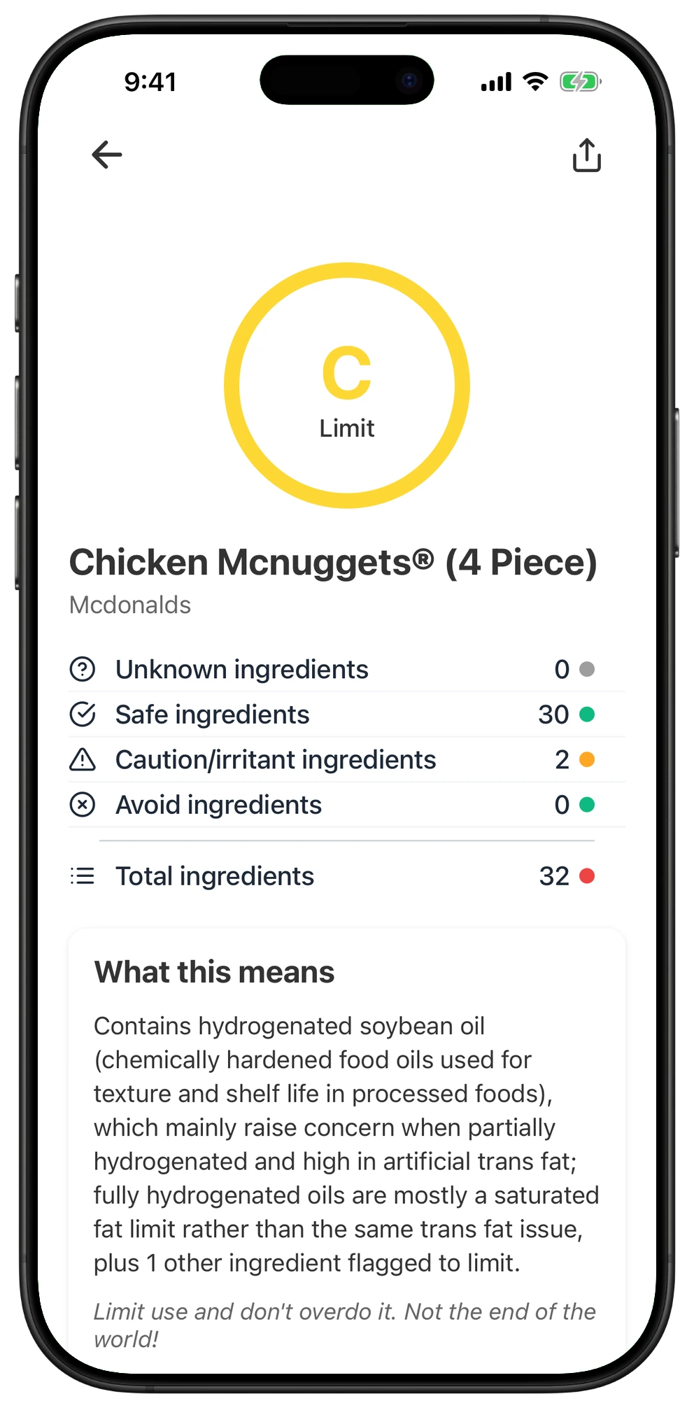 Pregnancy Safe app result for Chicken Mcnuggets® (4 Piece)