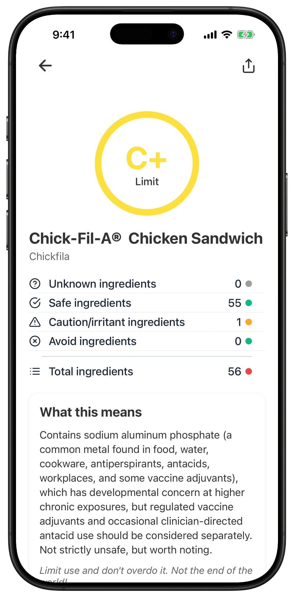 Pregnancy Safe app result for Chick-Fil-A®  Chicken Sandwich