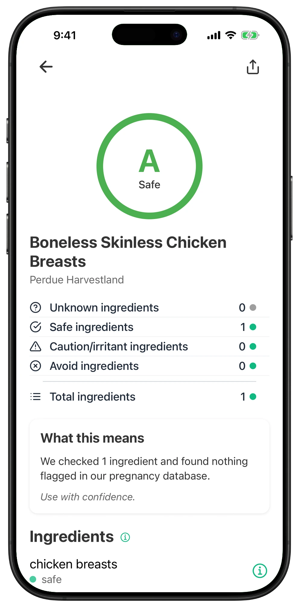 Pregnancy Safe app result for Boneless Skinless Chicken Breasts