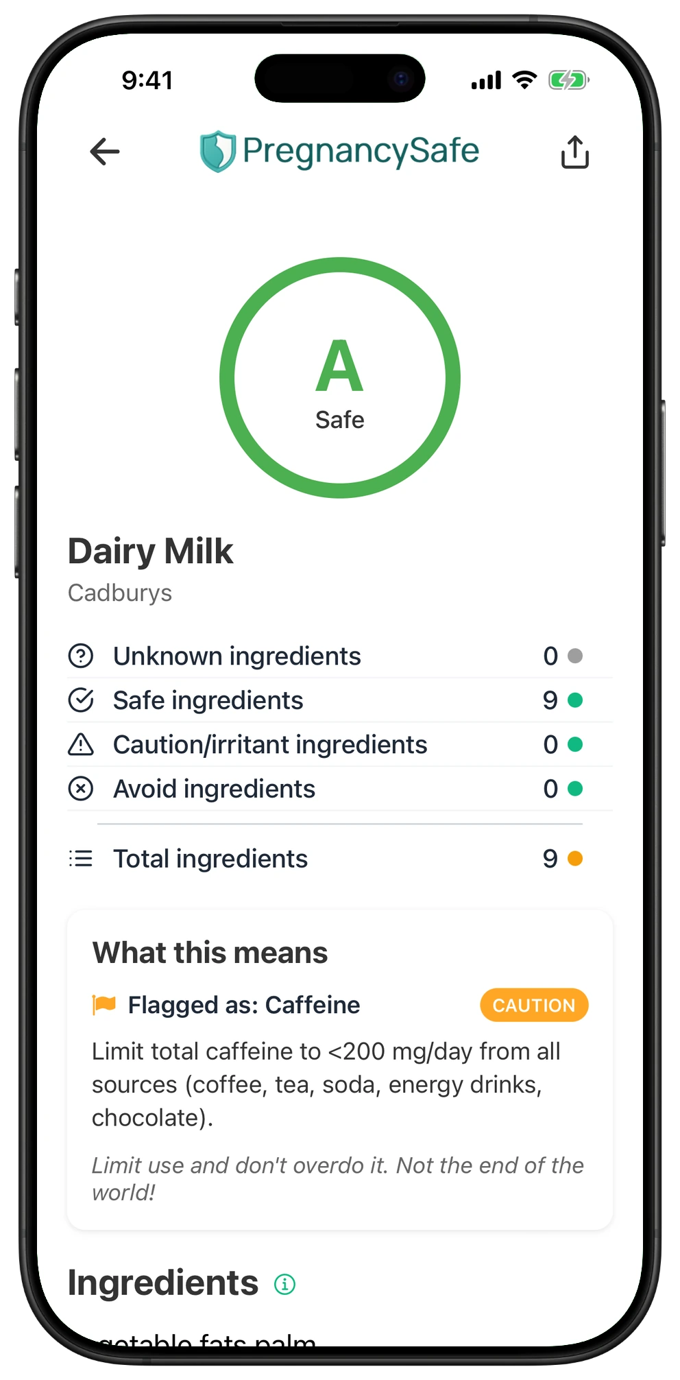 Pregnancy Safe app result for Dairy Milk