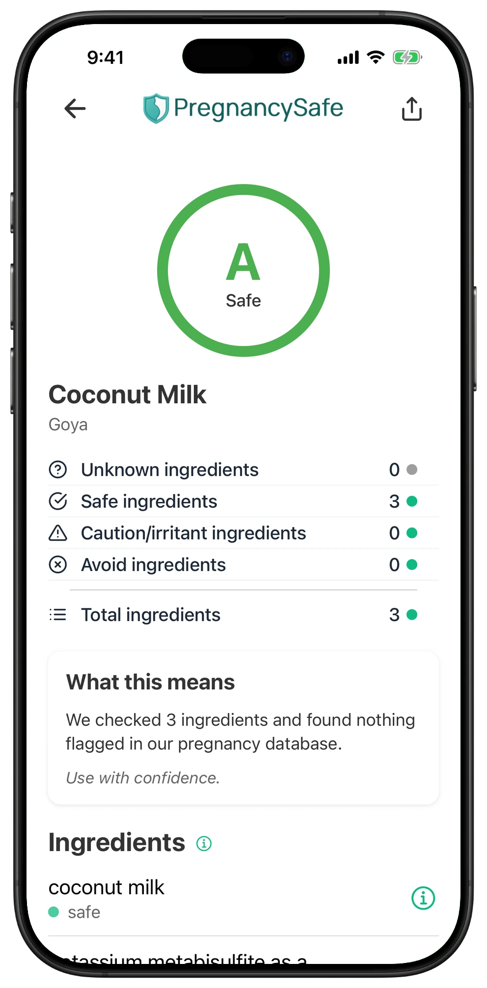 Pregnancy Safe app result for Coconut Milk