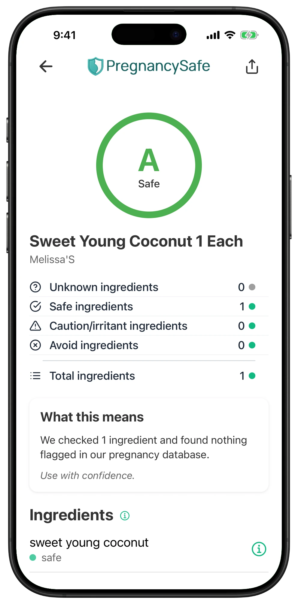 Pregnancy Safe app result for Sweet Young Coconut 1 Each