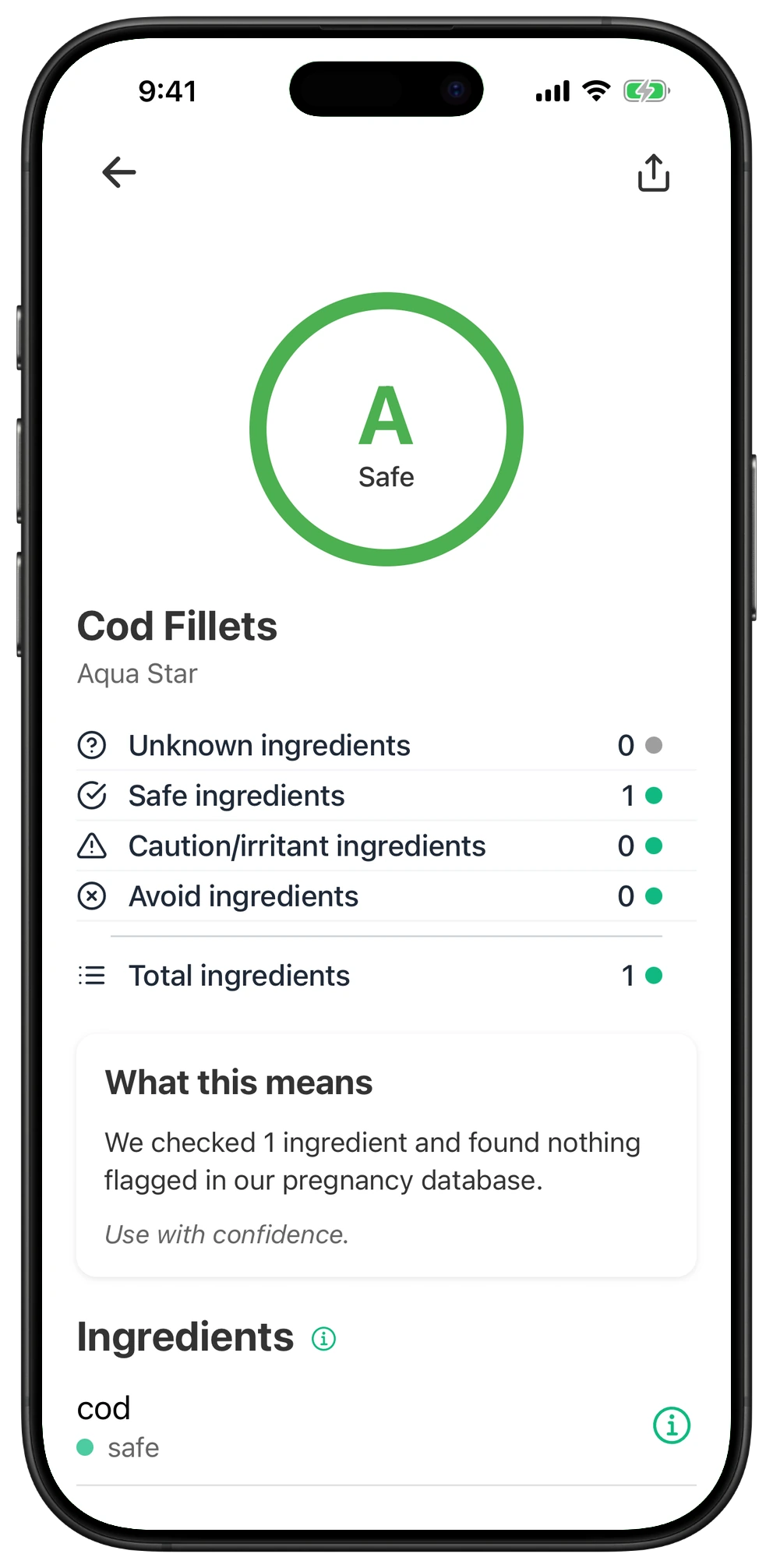 Pregnancy Safe app result for Cod Fillets