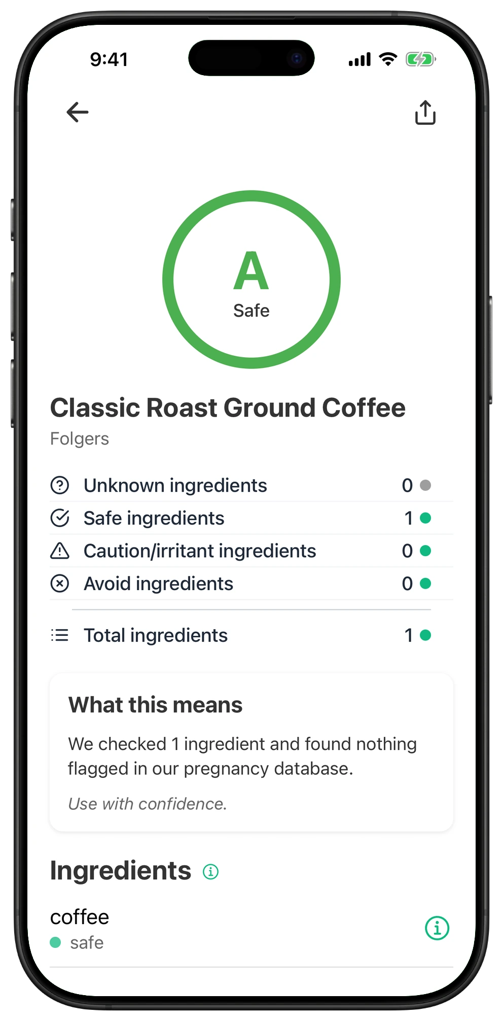 Pregnancy Safe app result for Classic Roast Ground Coffee