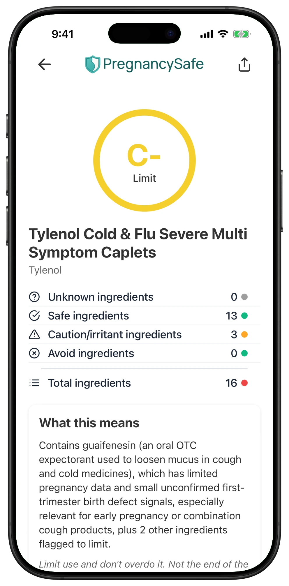 Pregnancy Safe app result for Tylenol Cold & Flu Severe Multi Symptom Caplets