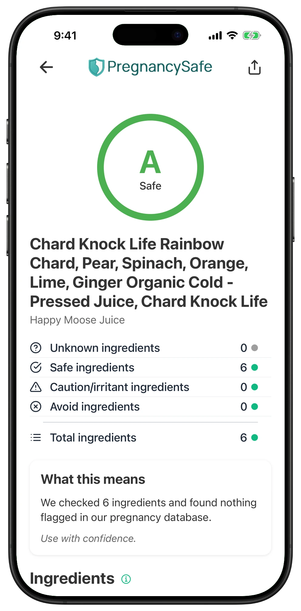 Pregnancy Safe app result for Chard Knock Life Rainbow Chard, Pear, Spinach, Orange, Lime, Ginger Organic Cold - Pressed Juice, Chard Knock Life