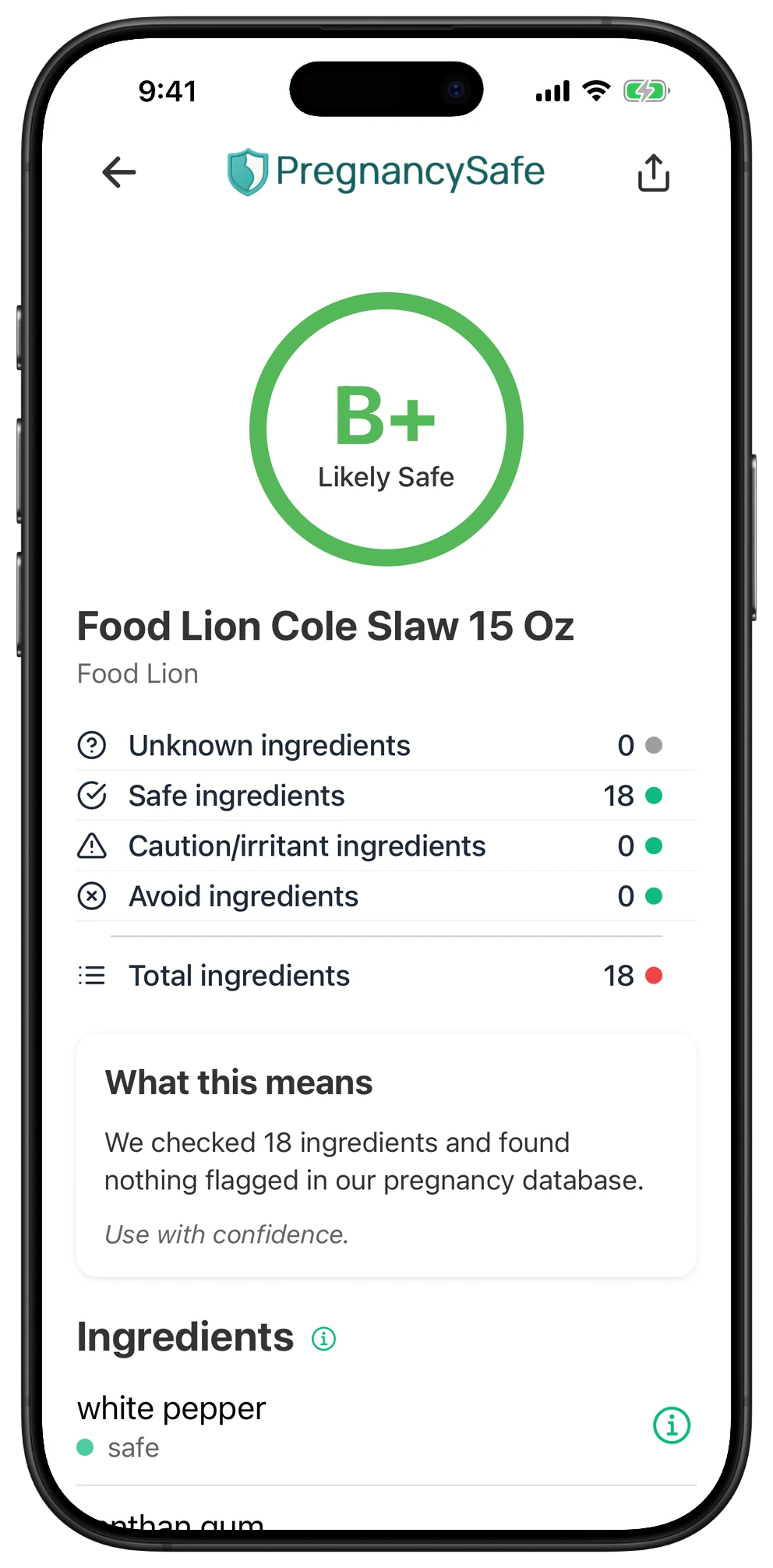 Pregnancy Safe app result for Food Lion Cole Slaw 15 Oz