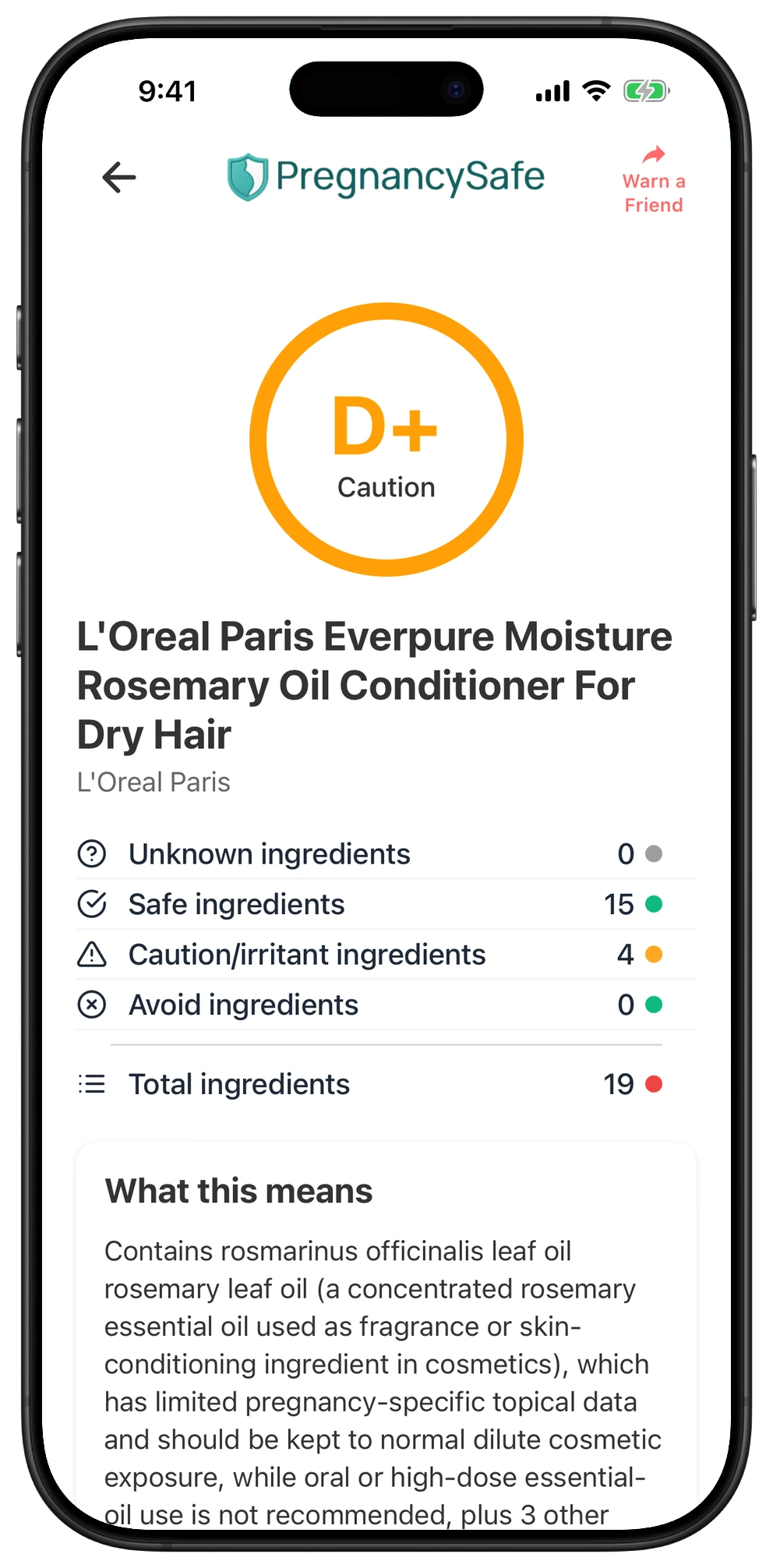 Pregnancy Safe app result for L'Oreal Paris Everpure Moisture Rosemary Oil Conditioner For Dry Hair
