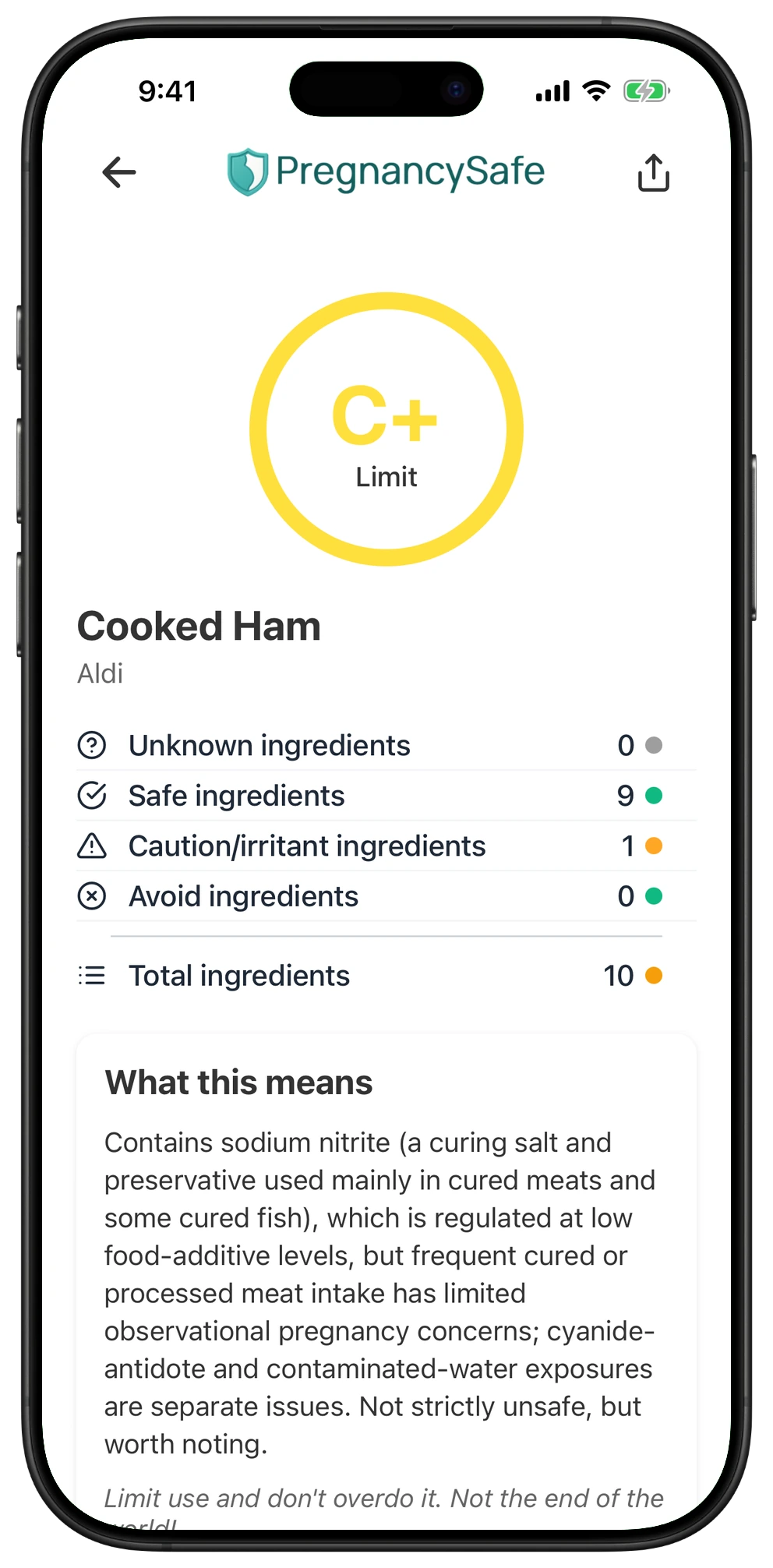 Pregnancy Safe app result for Cooked Ham