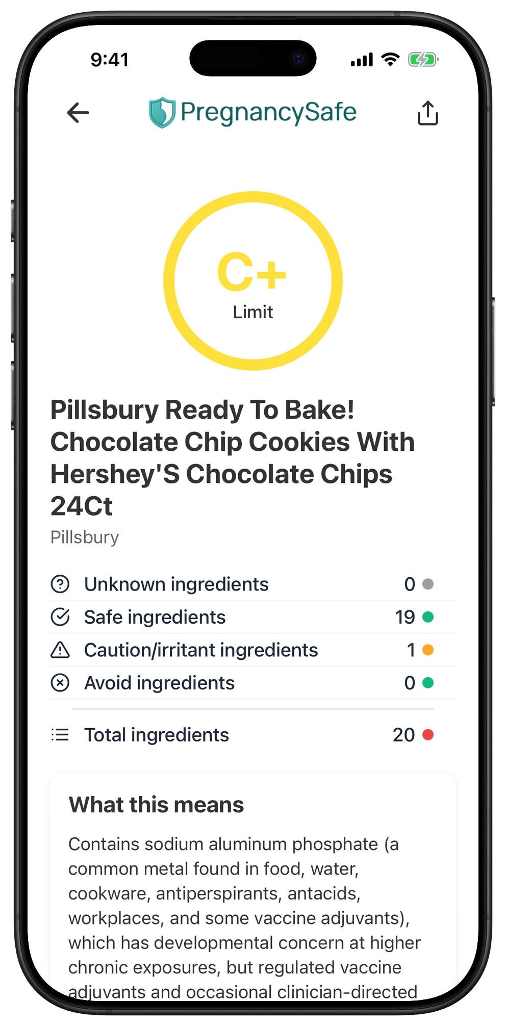 Pregnancy Safe app result for Pillsbury Ready To Bake! Chocolate Chip Cookies With Hershey'S Chocolate Chips 24Ct