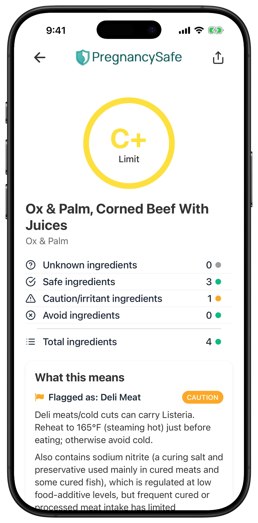 Pregnancy Safe app result for Ox & Palm, Corned Beef With Juices
