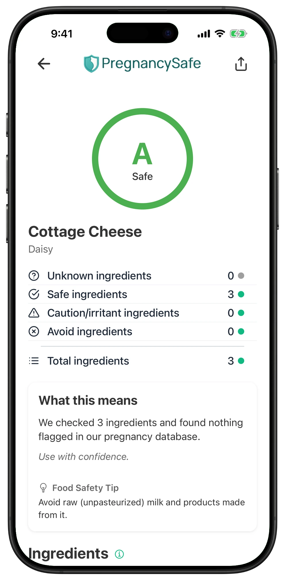 Pregnancy Safe app result for Cottage Cheese