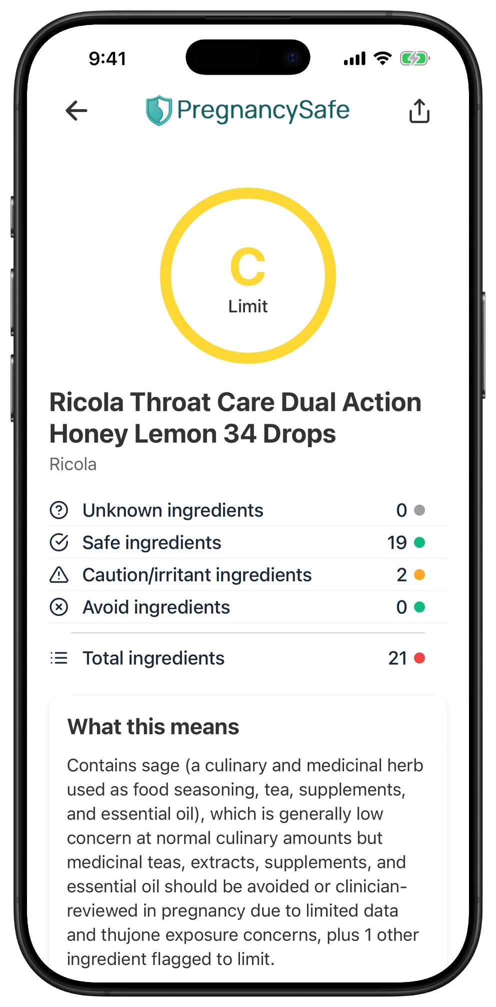 Pregnancy Safe app result for Ricola Throat Care Dual Action Honey Lemon 34 Drops