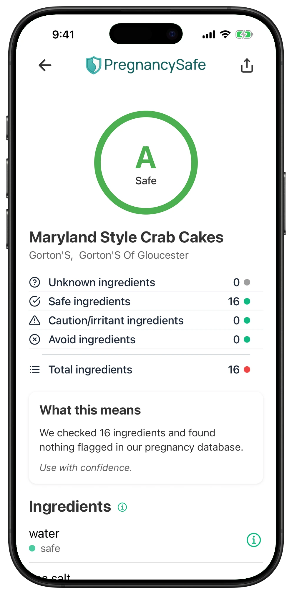 Pregnancy Safe app result for Maryland Style Crab Cakes