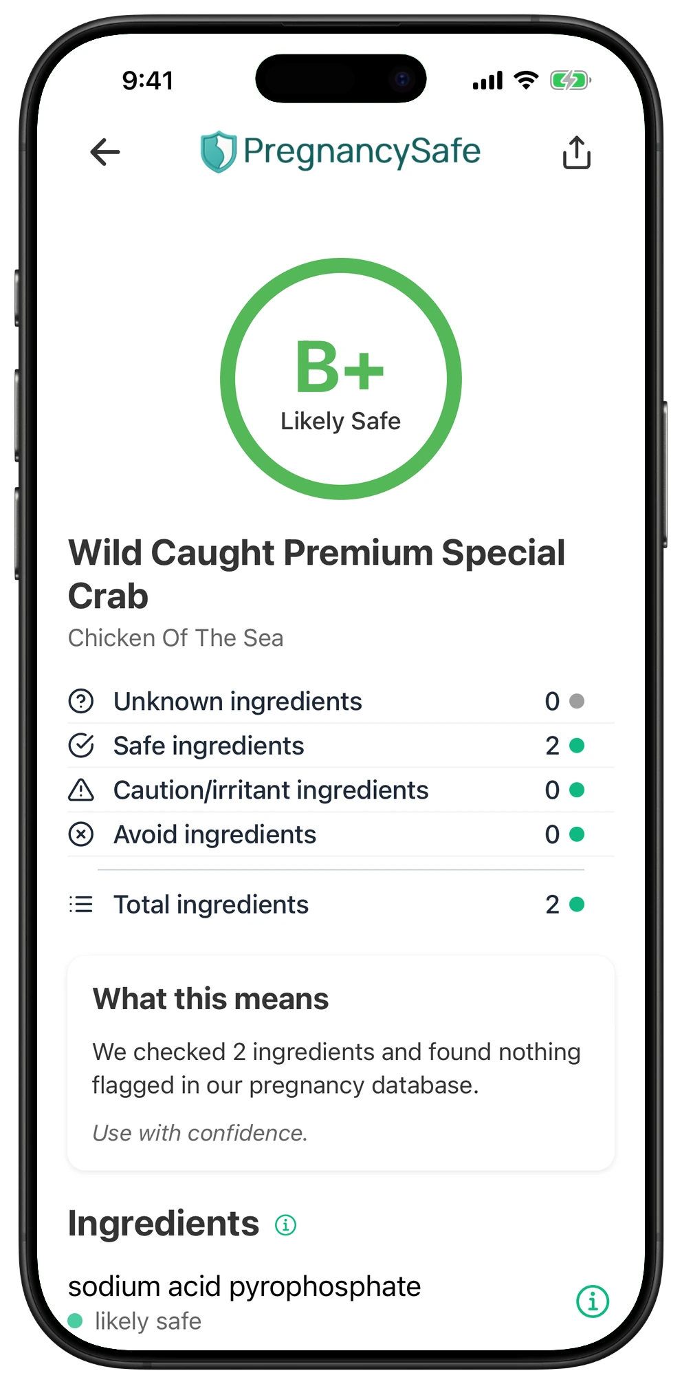 Pregnancy Safe app result for Wild Caught Premium Special Crab