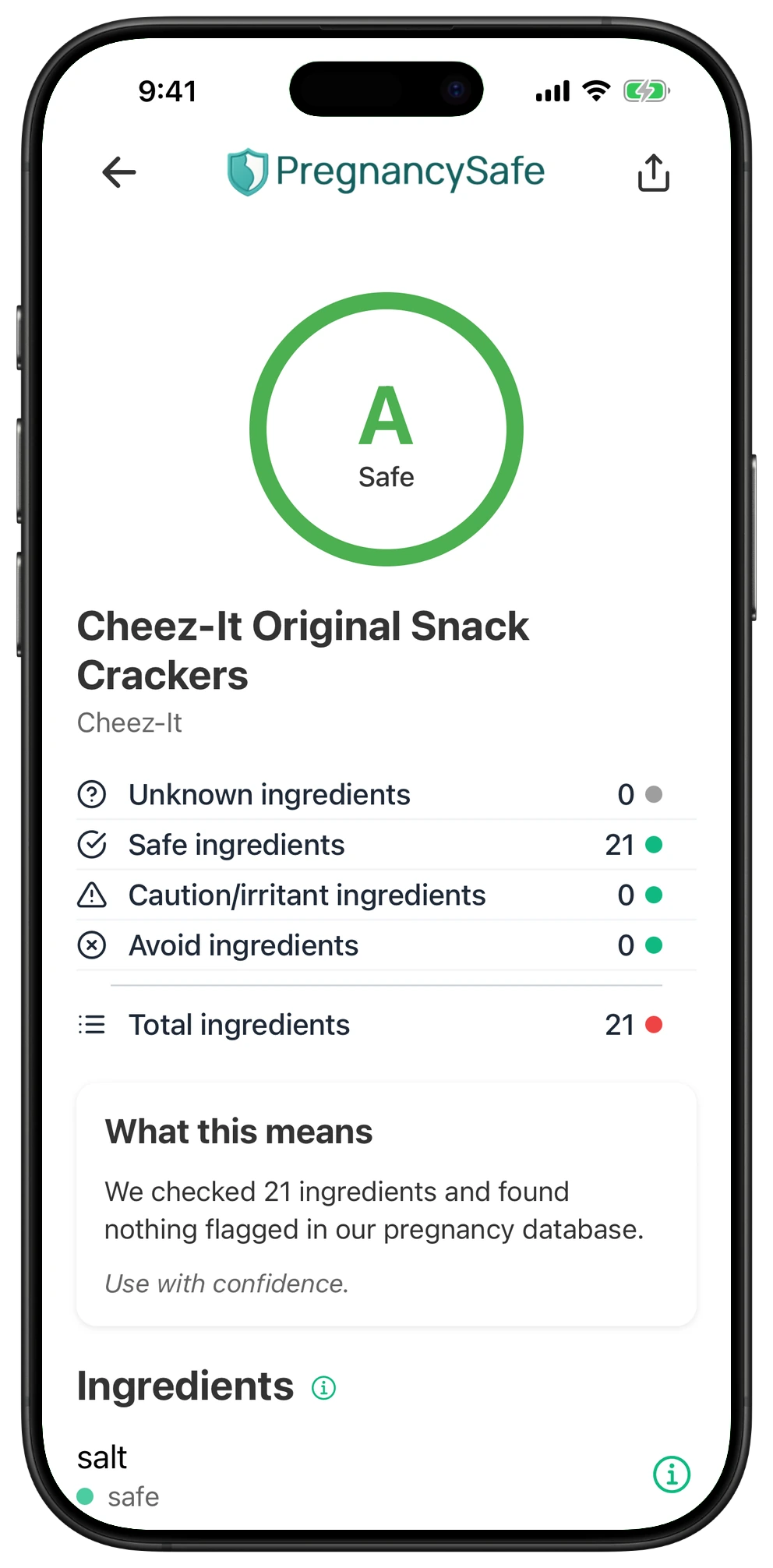 Pregnancy Safe app result for Cheez-It Original Snack Crackers