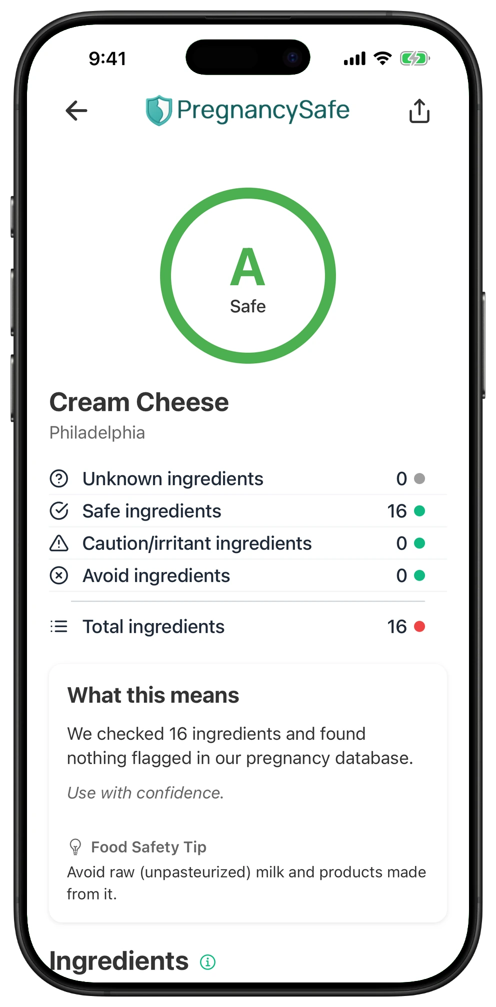 Pregnancy Safe app result for Cream Cheese