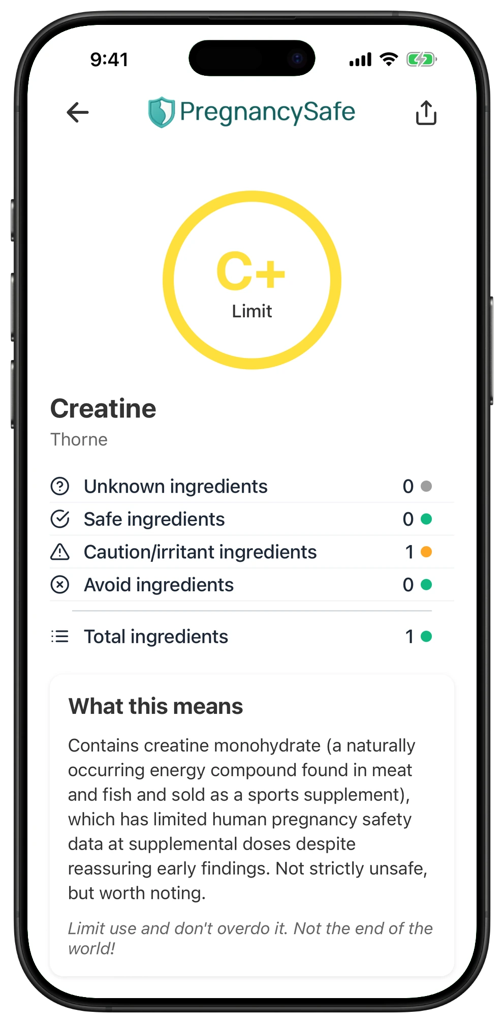 Pregnancy Safe app result for Creatine